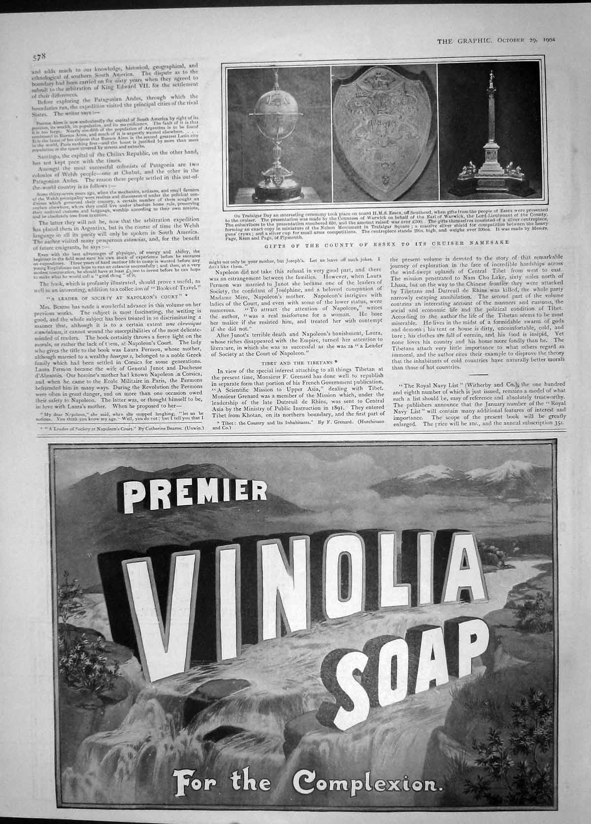 Original Old Antique Print 1904 Gifts County Essex Cruiser Premier Vinolia Soap