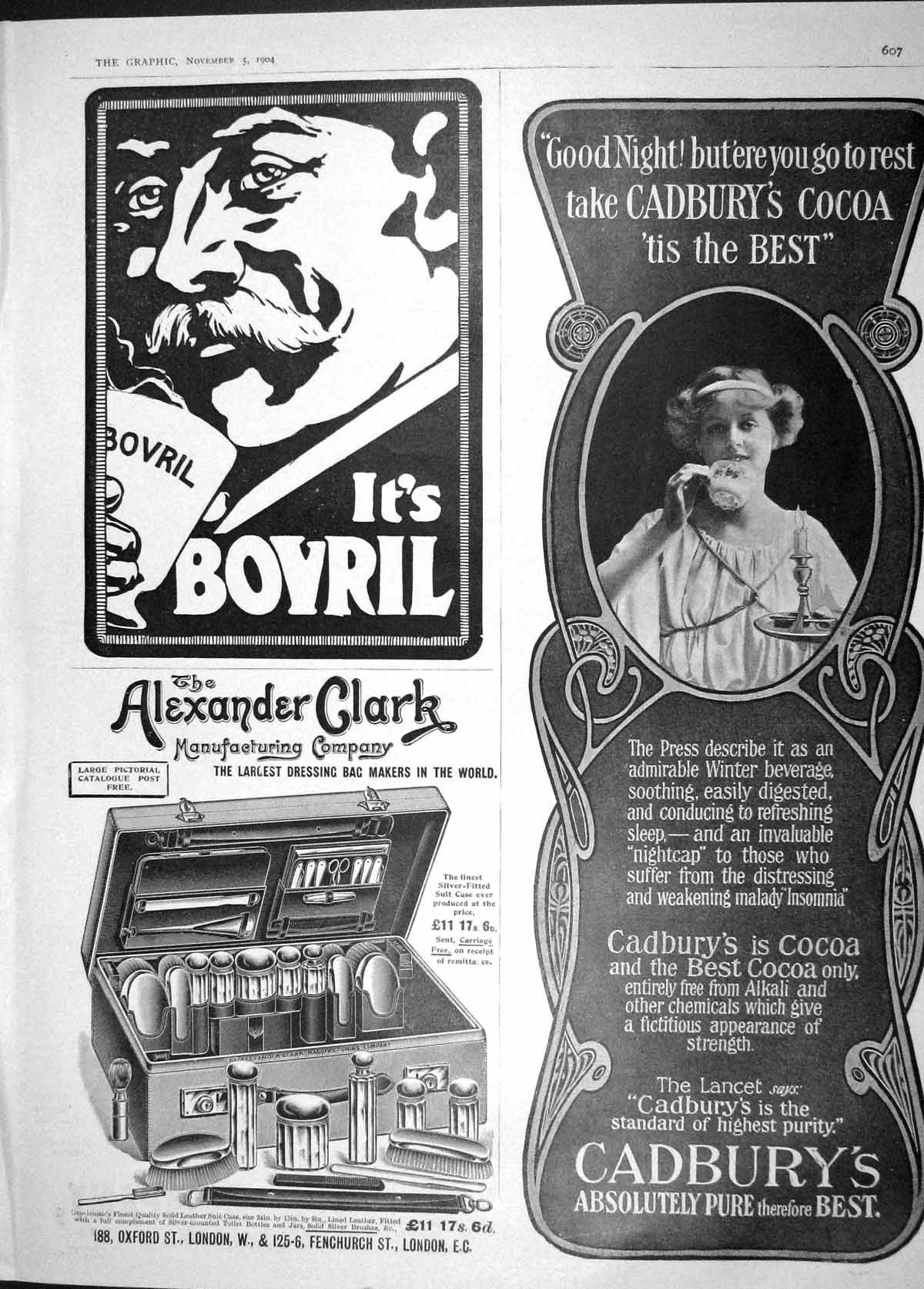 Original Old Antique Print 1904 Bovril Alexander Clarke Cadbury'S Cocoa Advert
