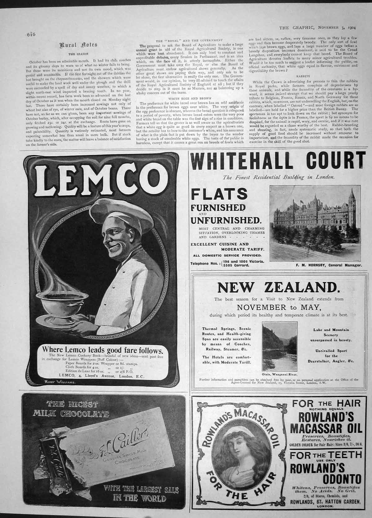 Old Antique Print 1904 Lemco Milk Chocolate Whitehall Macassar Oil Advert 20th