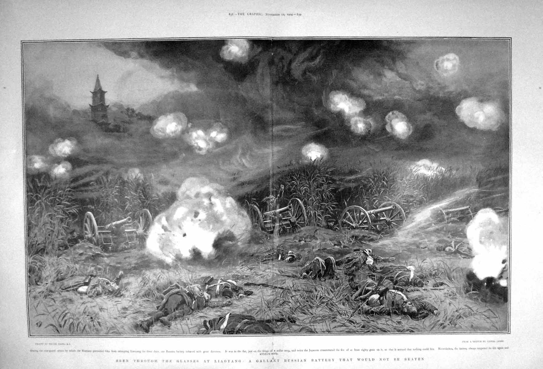 Original Old Antique Print 1904 Liaoyang Russian Battery Siers War Oku Guns