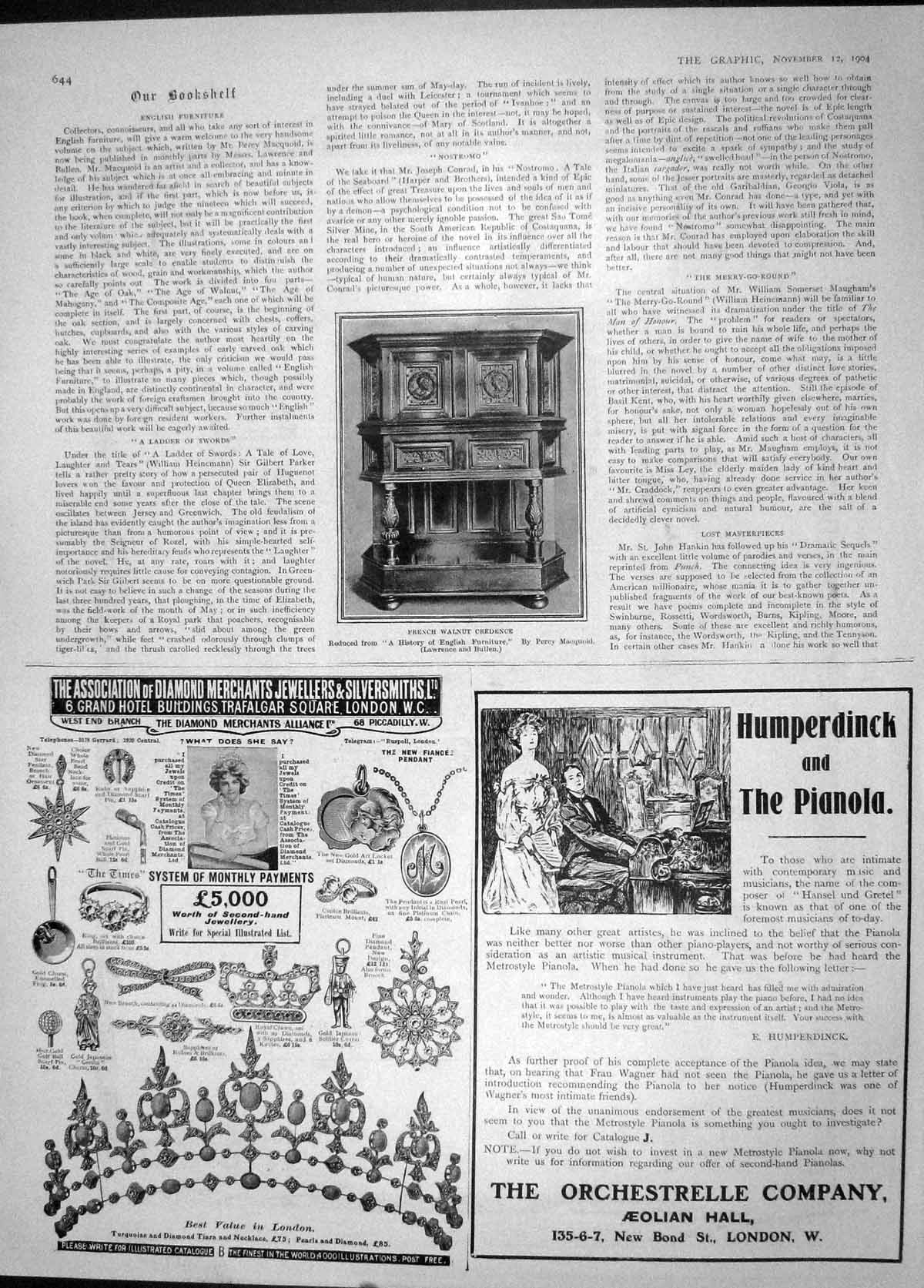 Original Old Antique Print 1904 French Walnut Credence Pianola Orchestrelle