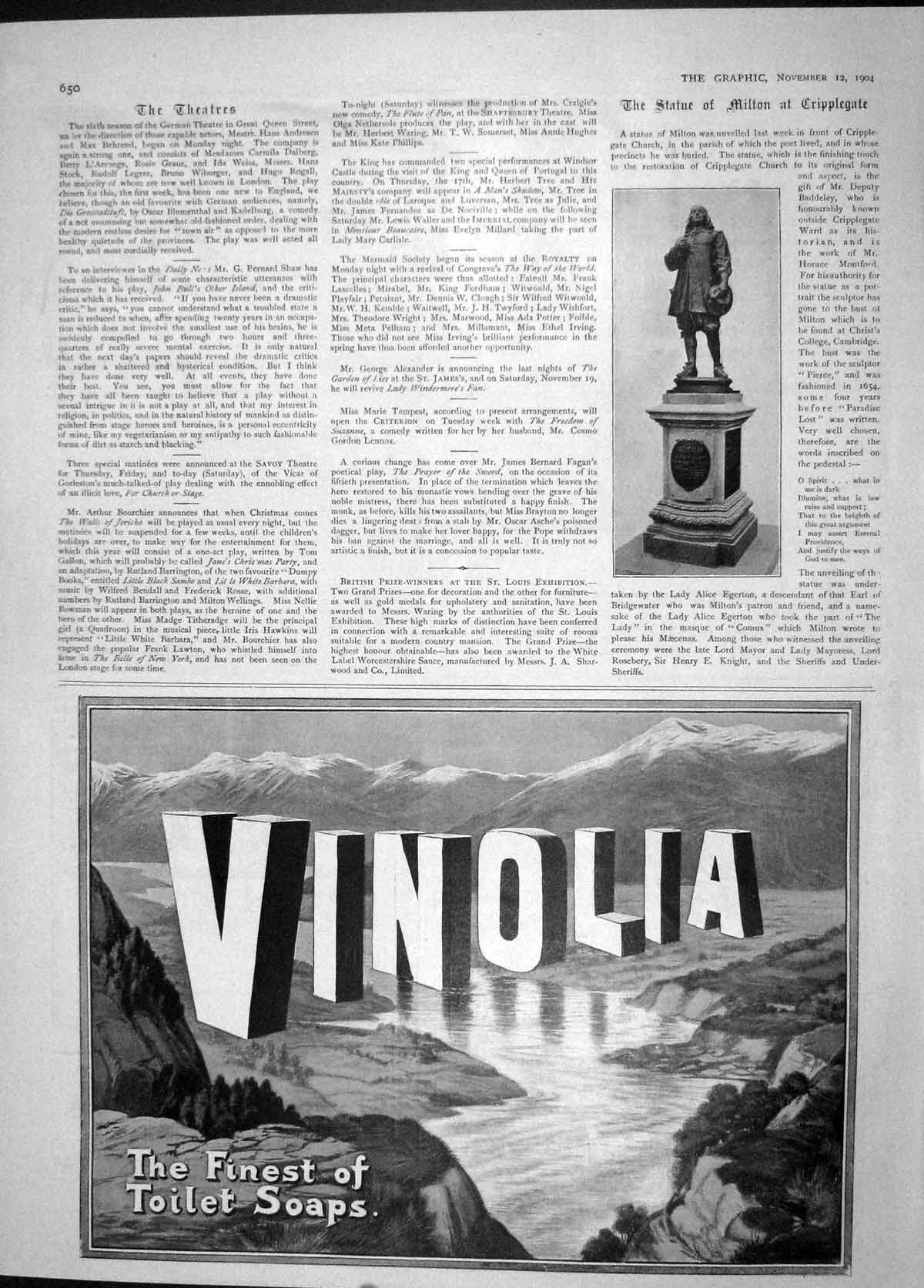 Original Old Antique Print 1904 Statue Milton Cripplegate Advertisement Vinolia