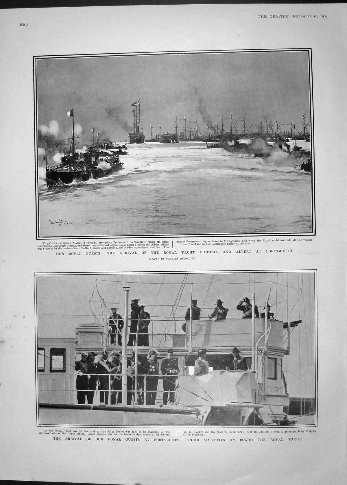 Old Antique Print 1904 Royal Yacht Victoria Albert Portsmouth King Carlos 20th