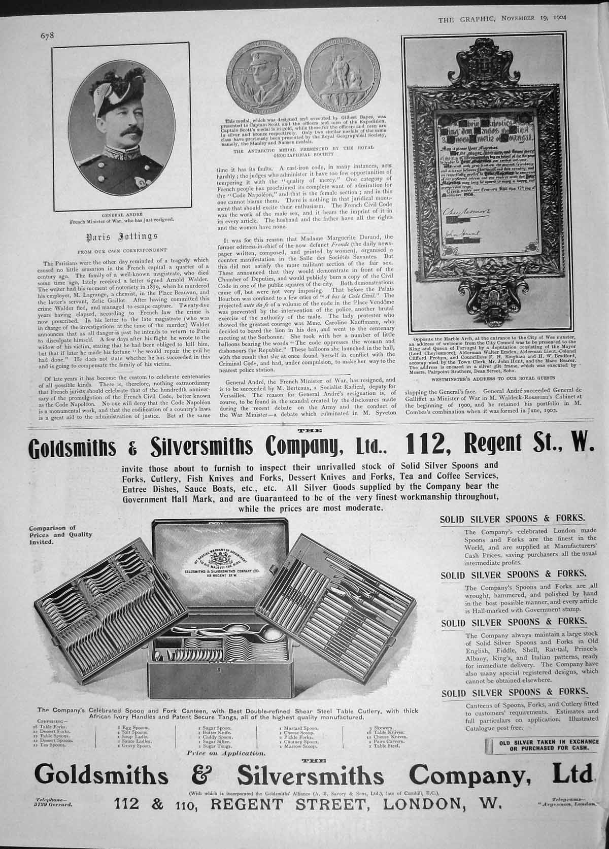 Original Old Antique Print 1904 General Andre Antarctic Medal Gsmith Gilt Frame