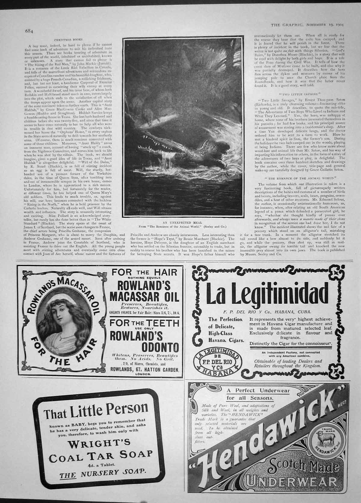 Original Old Antique Print 1904 Crocodile Eating Animals Coal Tar Soap Macassar