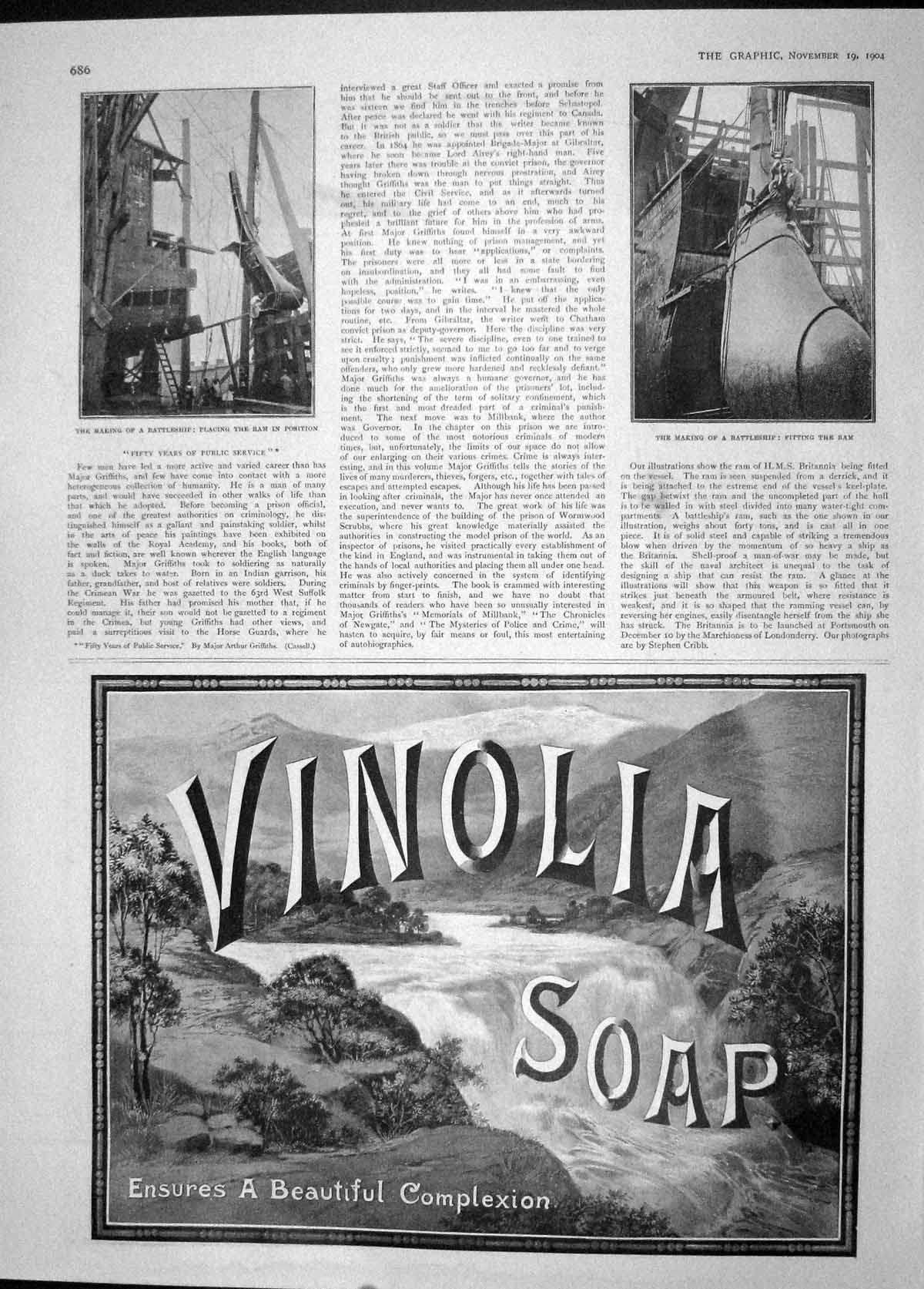Old Antique Print 1904 Making Battle Ship Ram Advertisement Vinolia Soap 20th