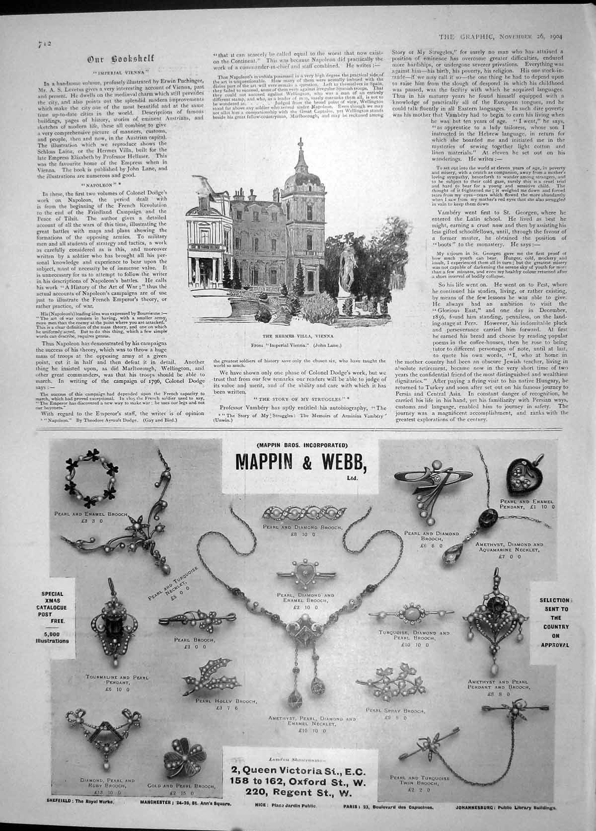 Original Old Antique Print 1904 Hermes Villa Vienna Advertisement Mappin Webb