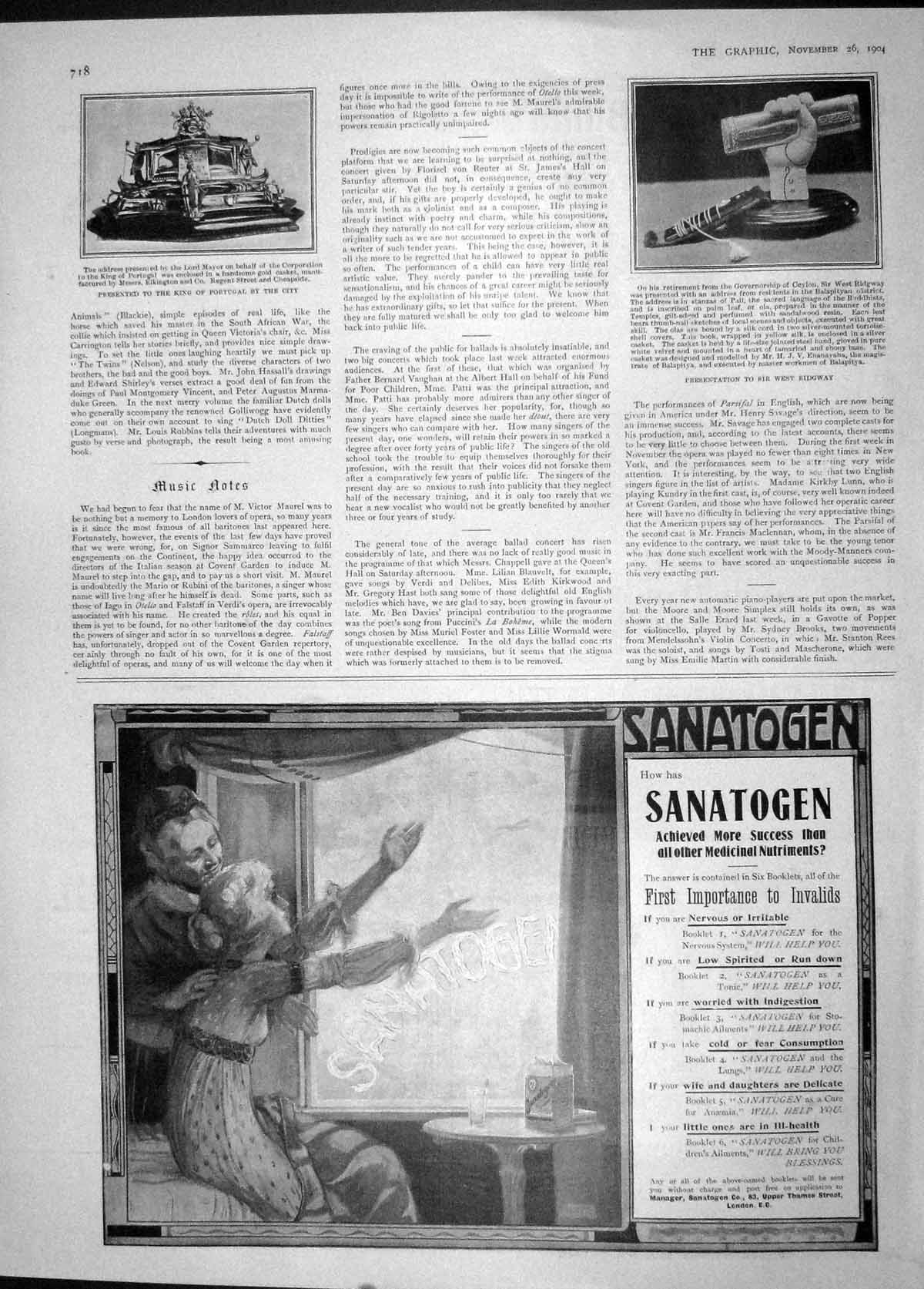 Old Antique Print 1904 Advertisement Sanatogen West Ridgway Presentation 20th