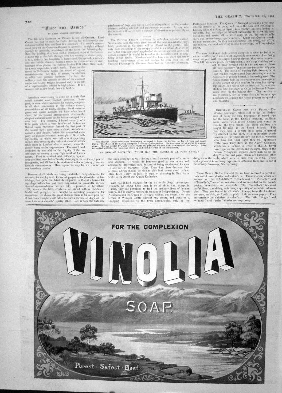 Original Old Antique Print 1904 Vinolia Soap Russian Destroyer Ship Rastoropny