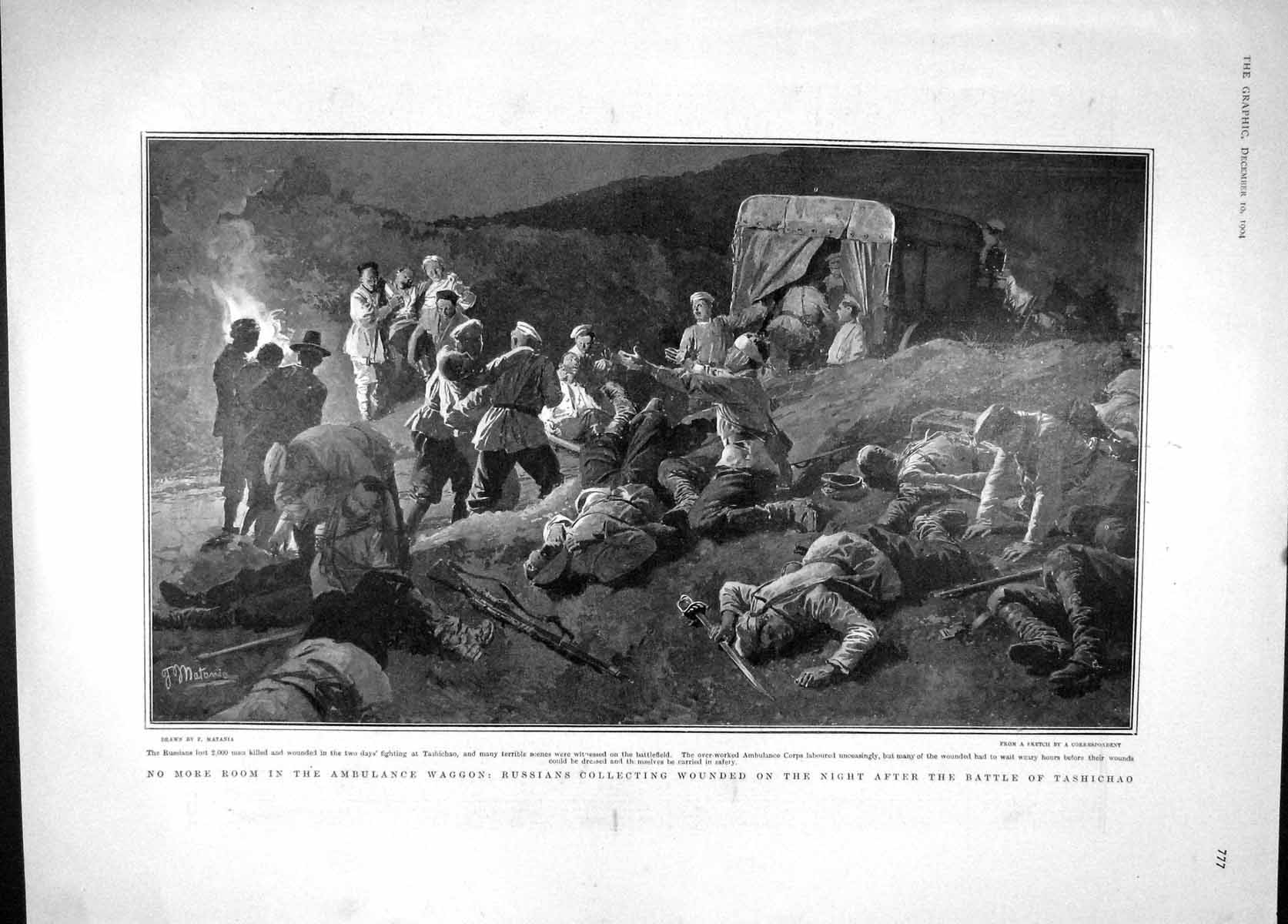 Original Old Antique Print 1904 Ambulance Waggon Battle Tashichao War Quirinal