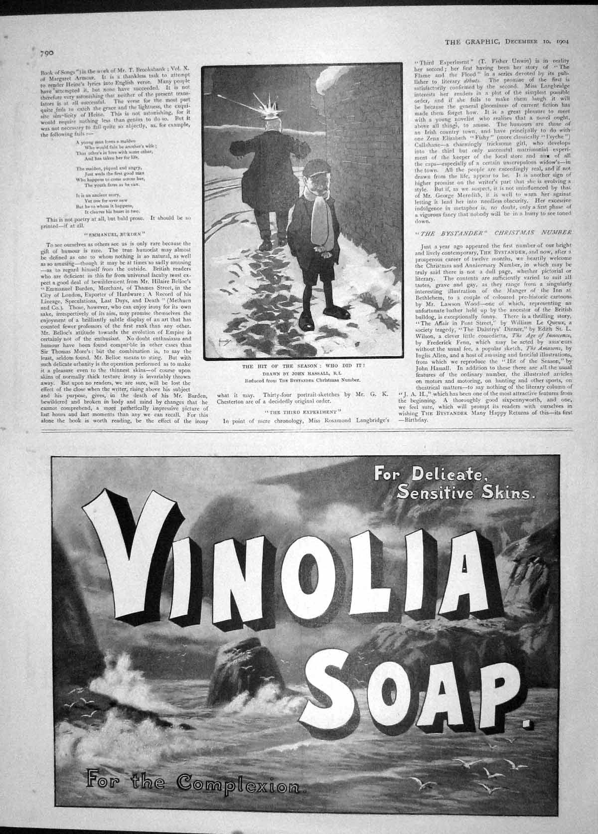 Old Antique Print 1904 Advertisement Vinolia Soap Snowball Fight Hassall 20th