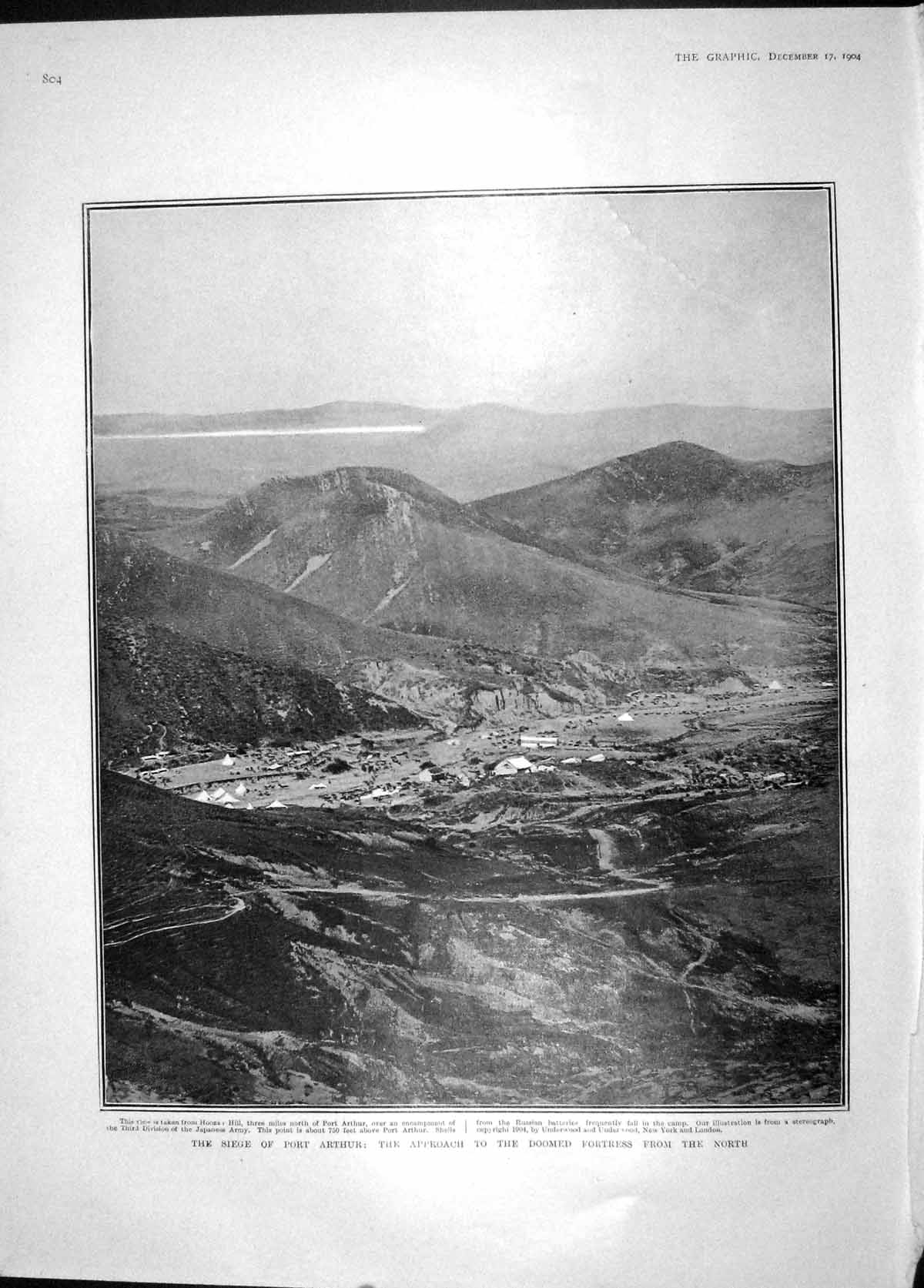 Original Old Antique Print 1904 Siege Port Arthur Hooza Hill Fortress Japanese
