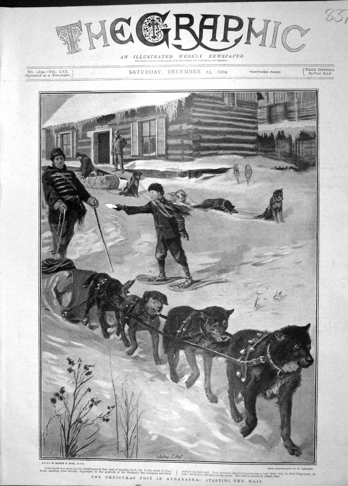 Original Old Antique Print 1904 Christmas Post Athabaska Fort Chipewryan Hudson