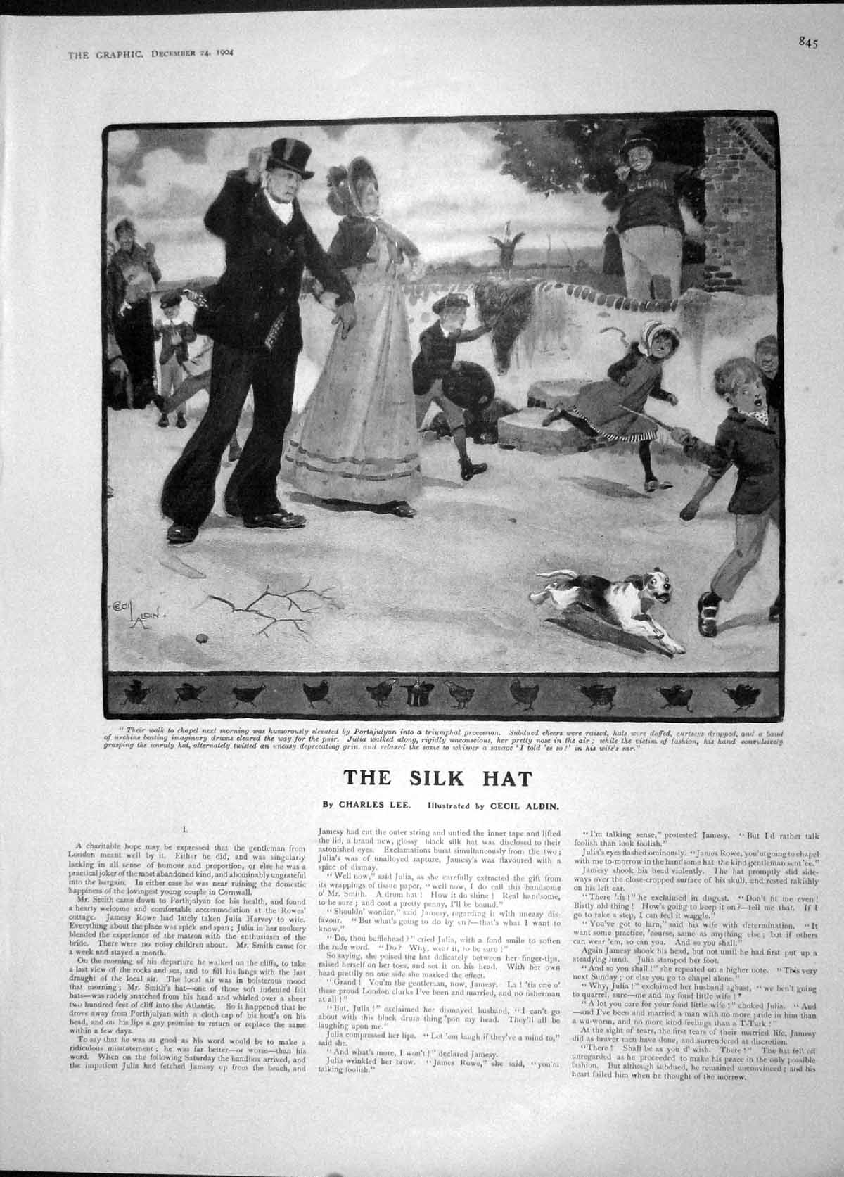 Original Old Antique Print 1904 Silk Hat Children Urchins Dog Windy Day Scene