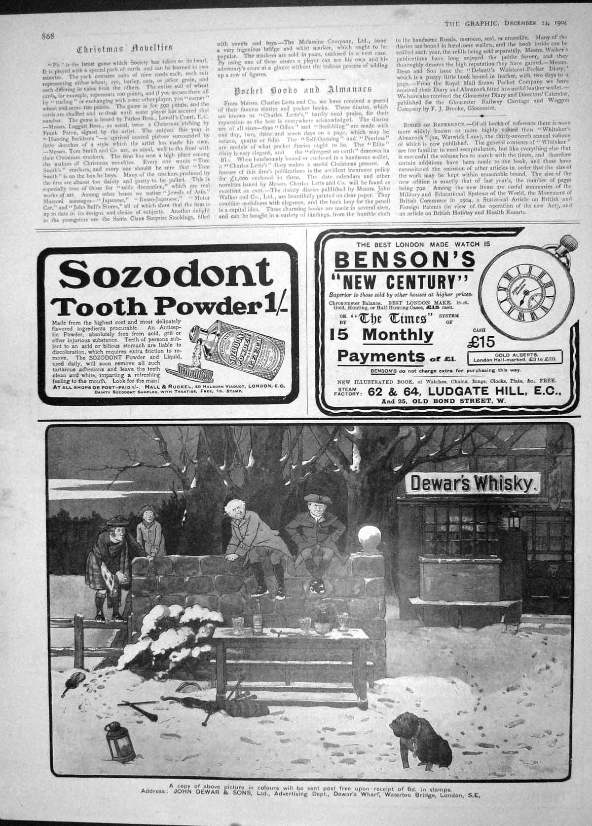 Original Old Antique Print 1904 Advertisment John Dewar Whisky Bensons Sozodont