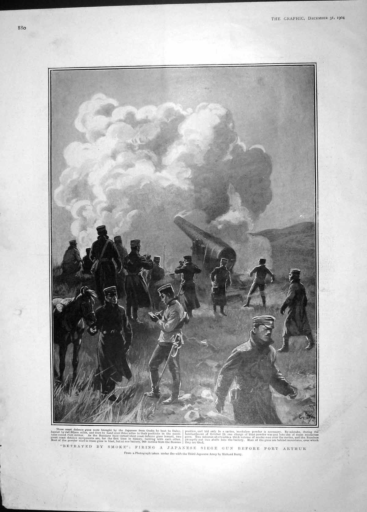 Old Antique Print 1904 Japan Siege Gun Port Arthur War Ommanney Davis Men 20th