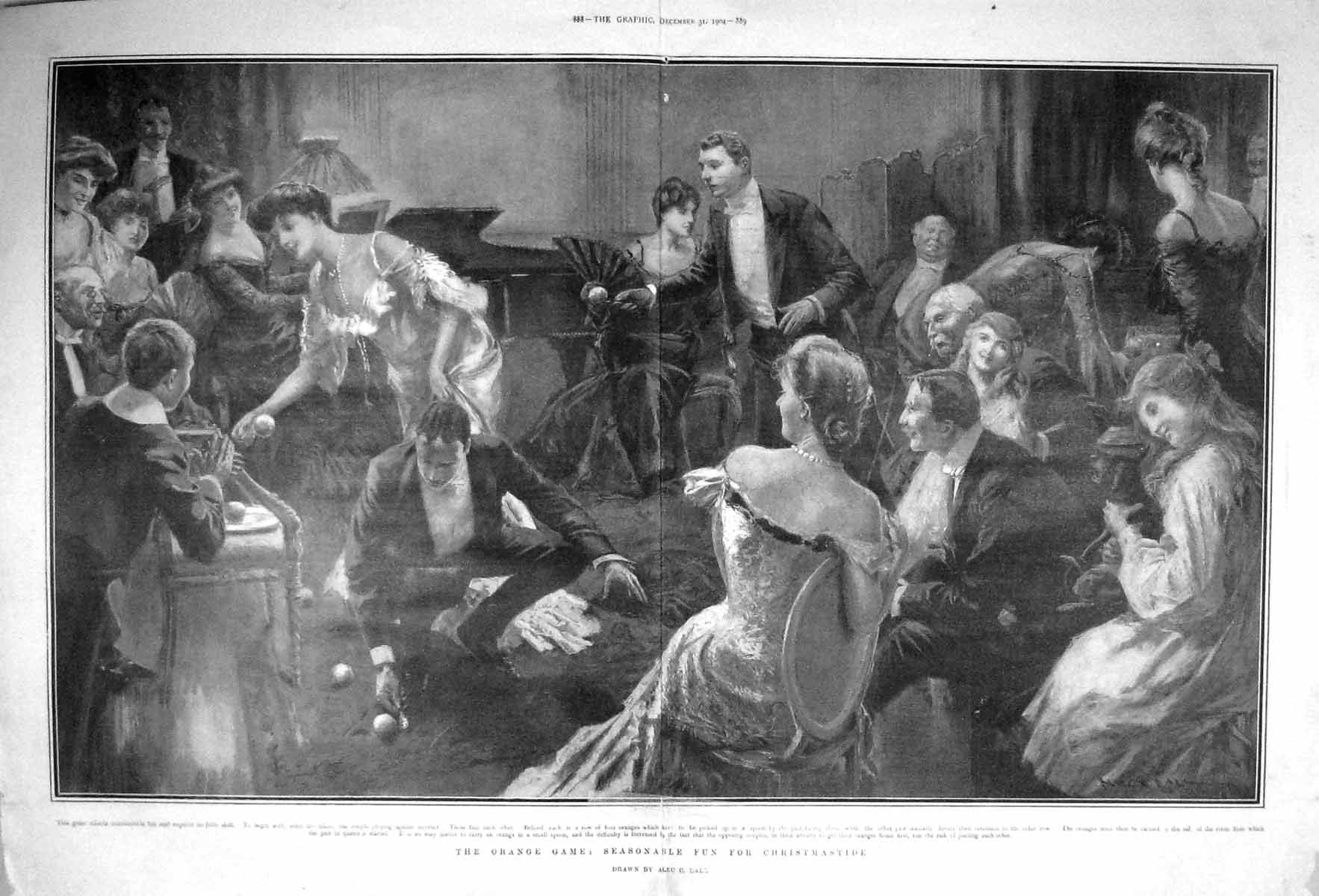 Original Old Antique Print 1904 Orange Game Christmas Fun Family Fine Art 20th