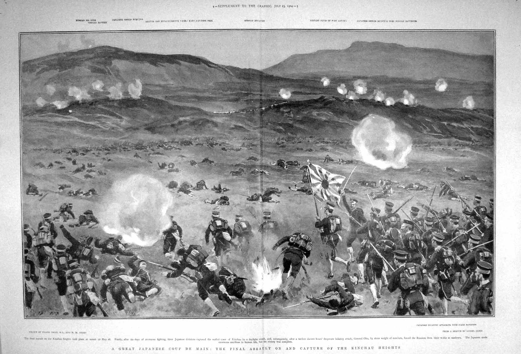 Original Old Antique Print 1904 Japanese Coup Main Battle Kinchau Heights War