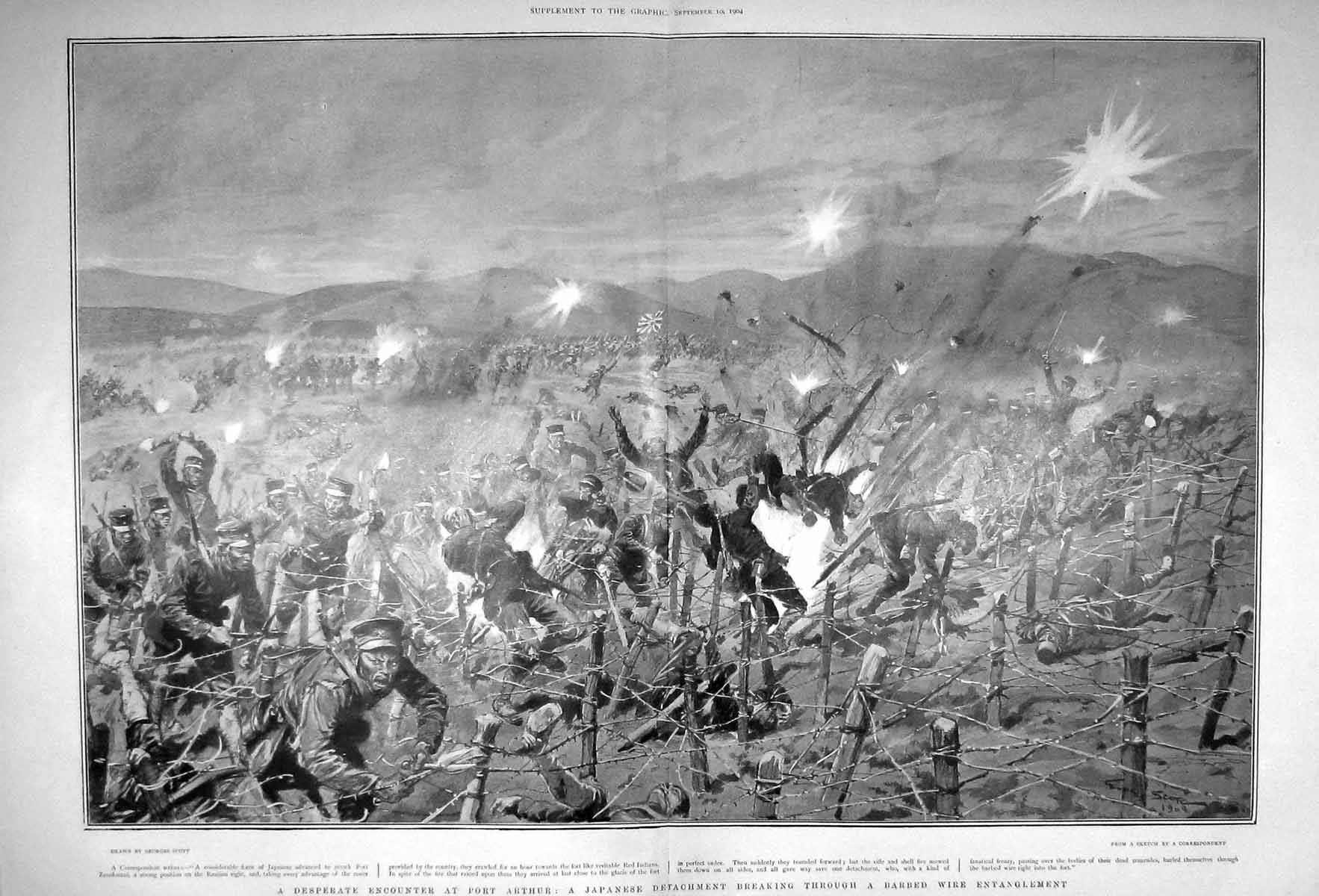 Original Old Antique Print 1904 War Port Arthur Barbed Wire Siers War Battle
