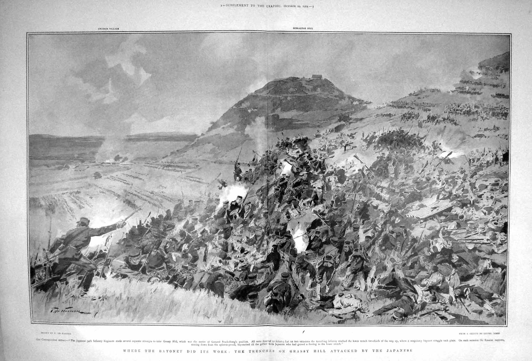 Original Old Antique Print 1904 War Trenches Grassy Hill Japanese Siers Japan
