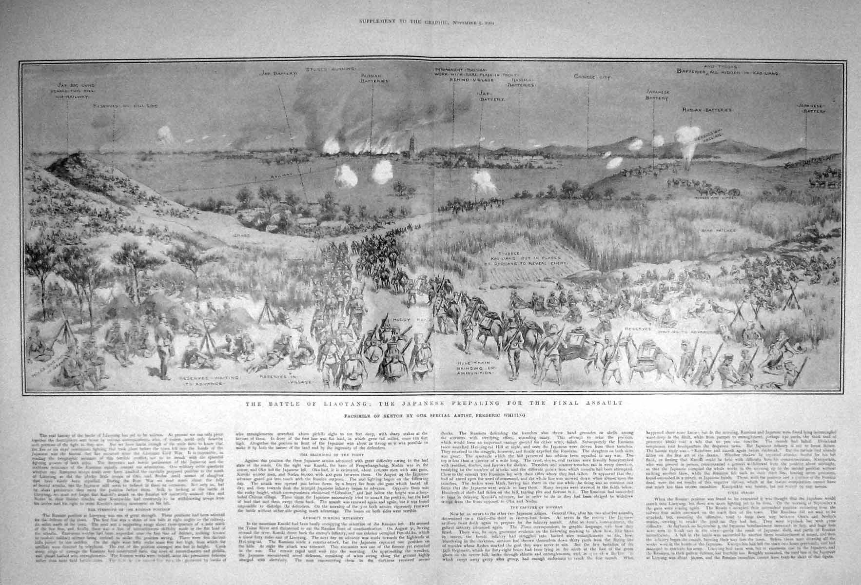 Original Old Antique Print 1904 War Battle Liaoyang Japanese Siers Russian Jap