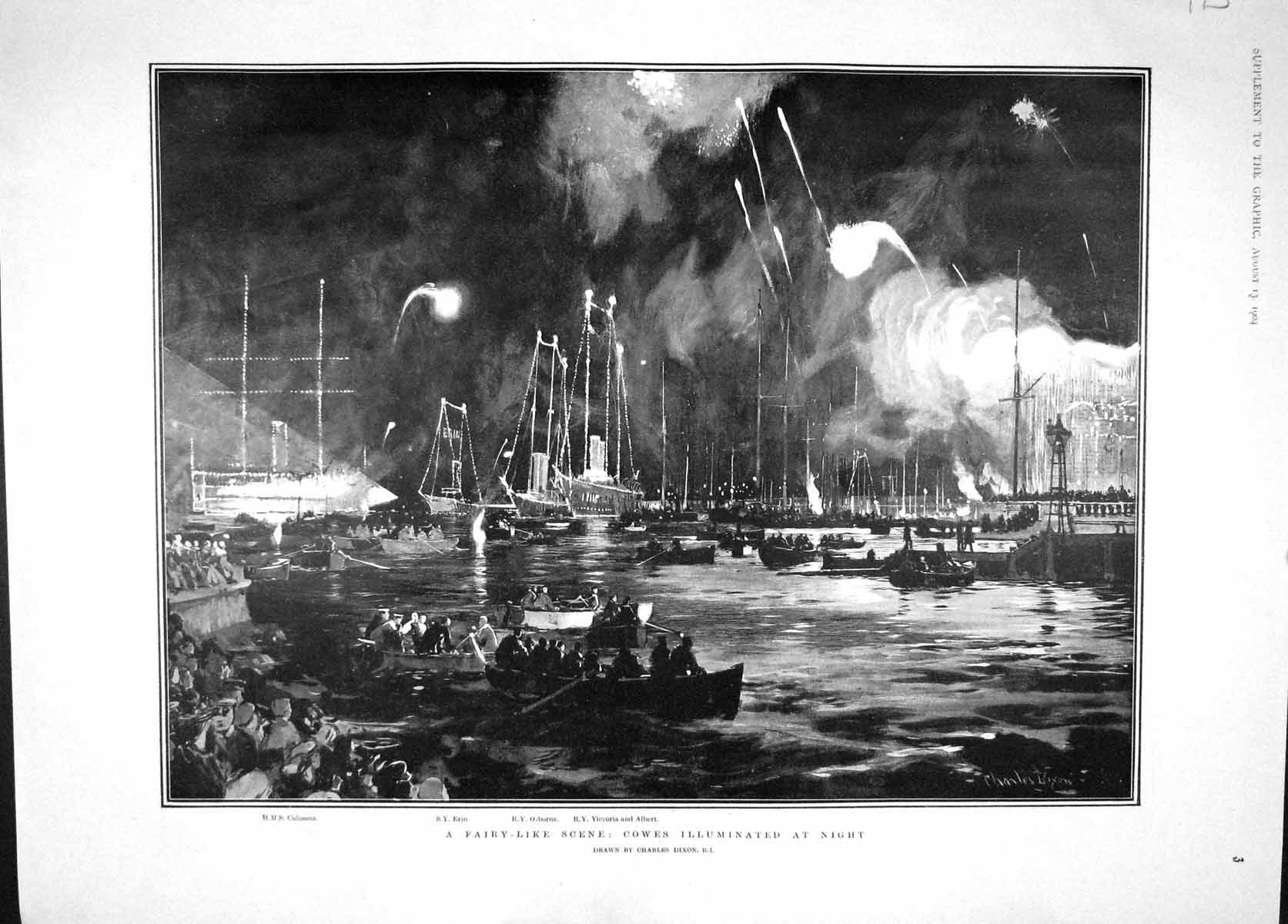 Original Old Antique Print 1904 Cowes Ships Colossus Erin Oborne Victoria Glory