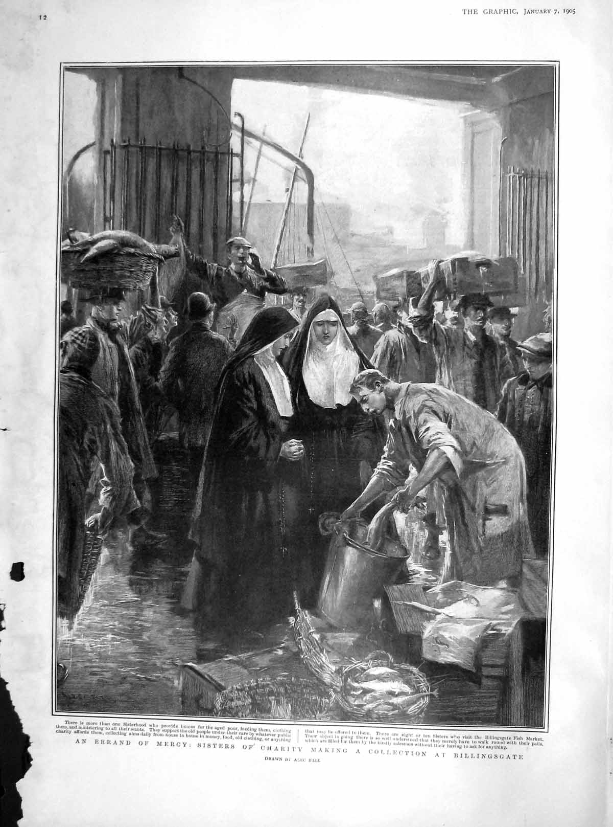 Original Old Antique Print 1905 Nuns Sisters Charity Fish Billingsgate 20th