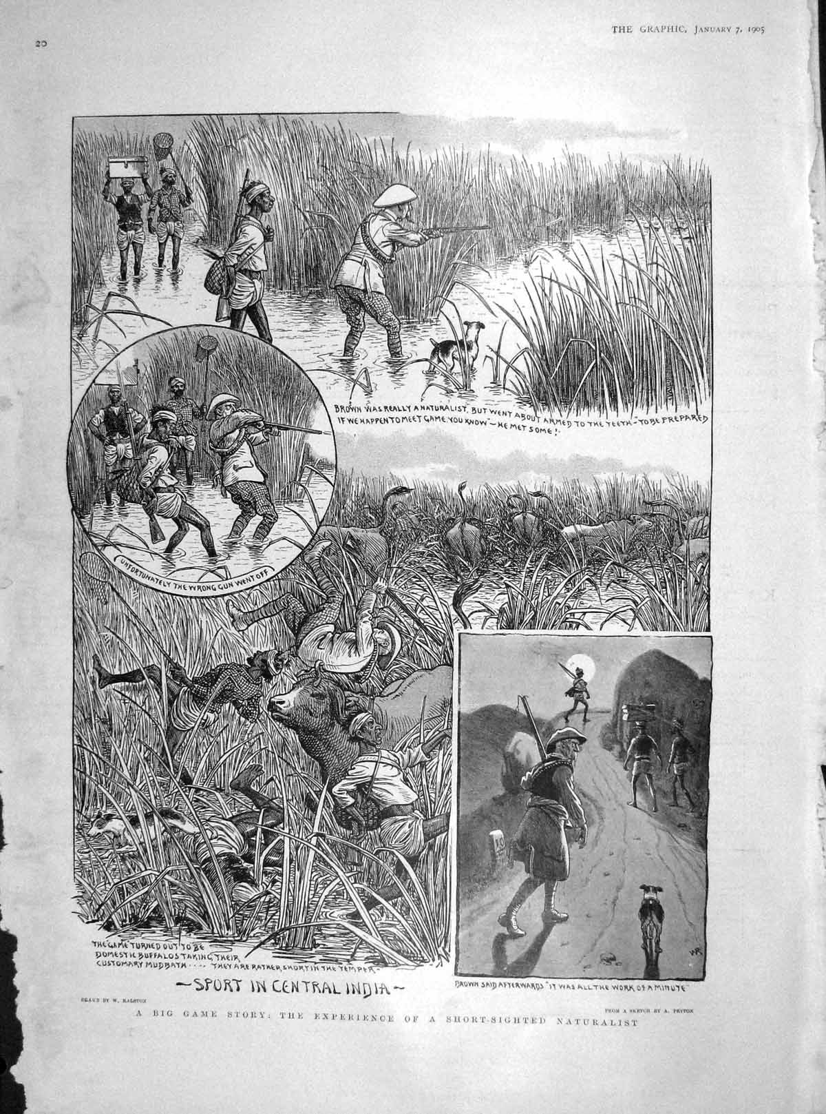 Old Antique Print 1905 Big Game Hunting India Buffalo Brown Sport Peyton 20th