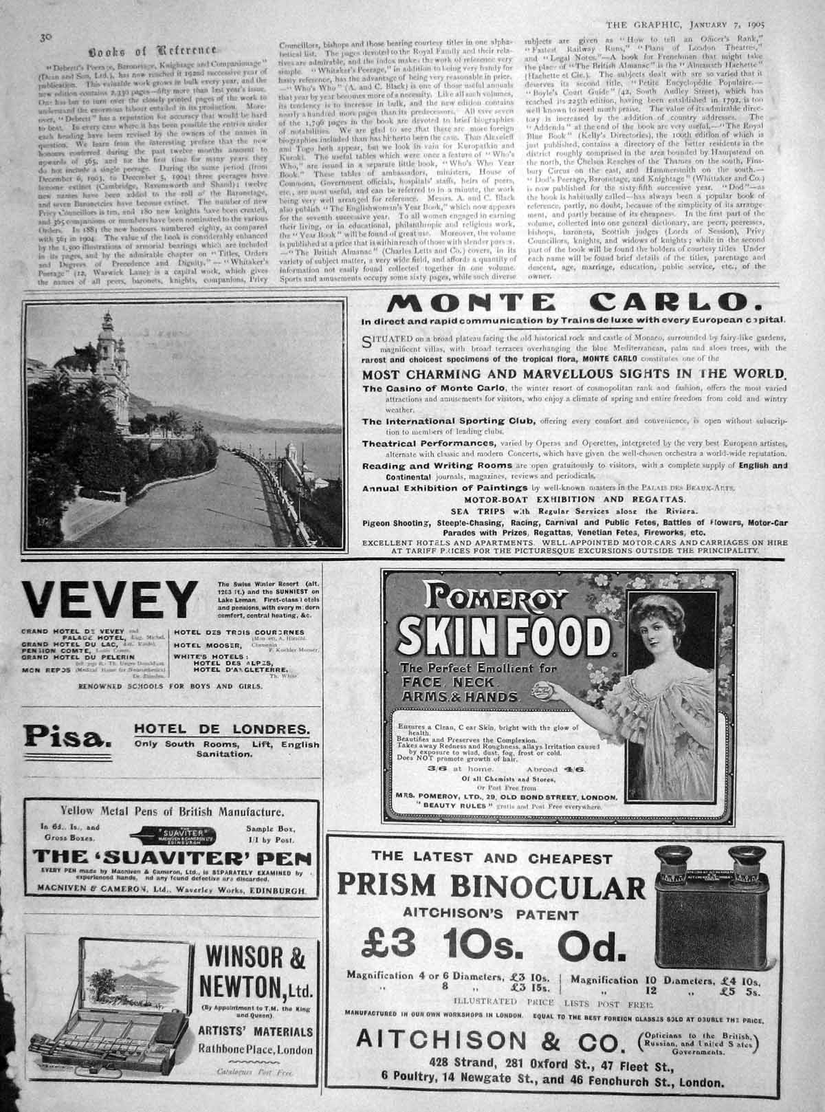 Original Old Antique Print 1905 Monte Carlo France Vevey Pisa Hotel Binocular