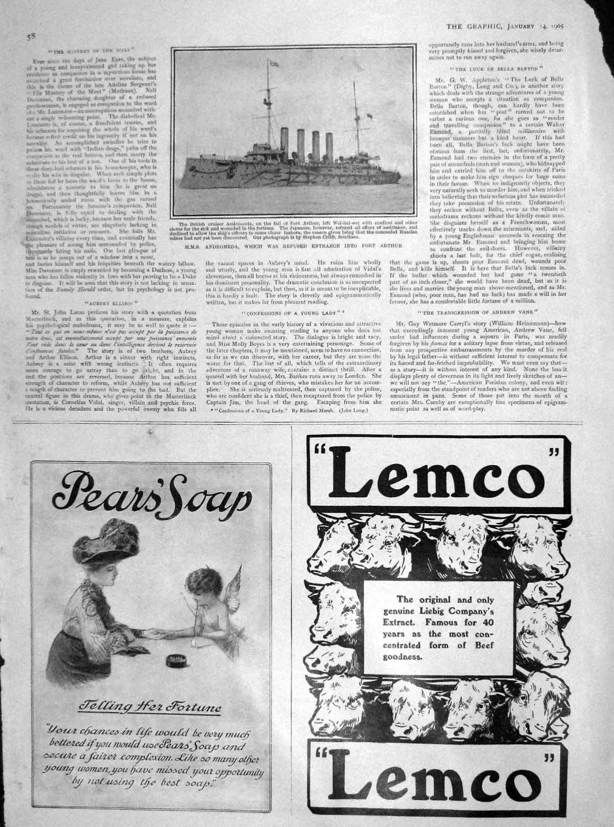 Old Antique Print 1905 Ship H.M.S. Andromeda Port Arthur Pears Soap Lemco 20th