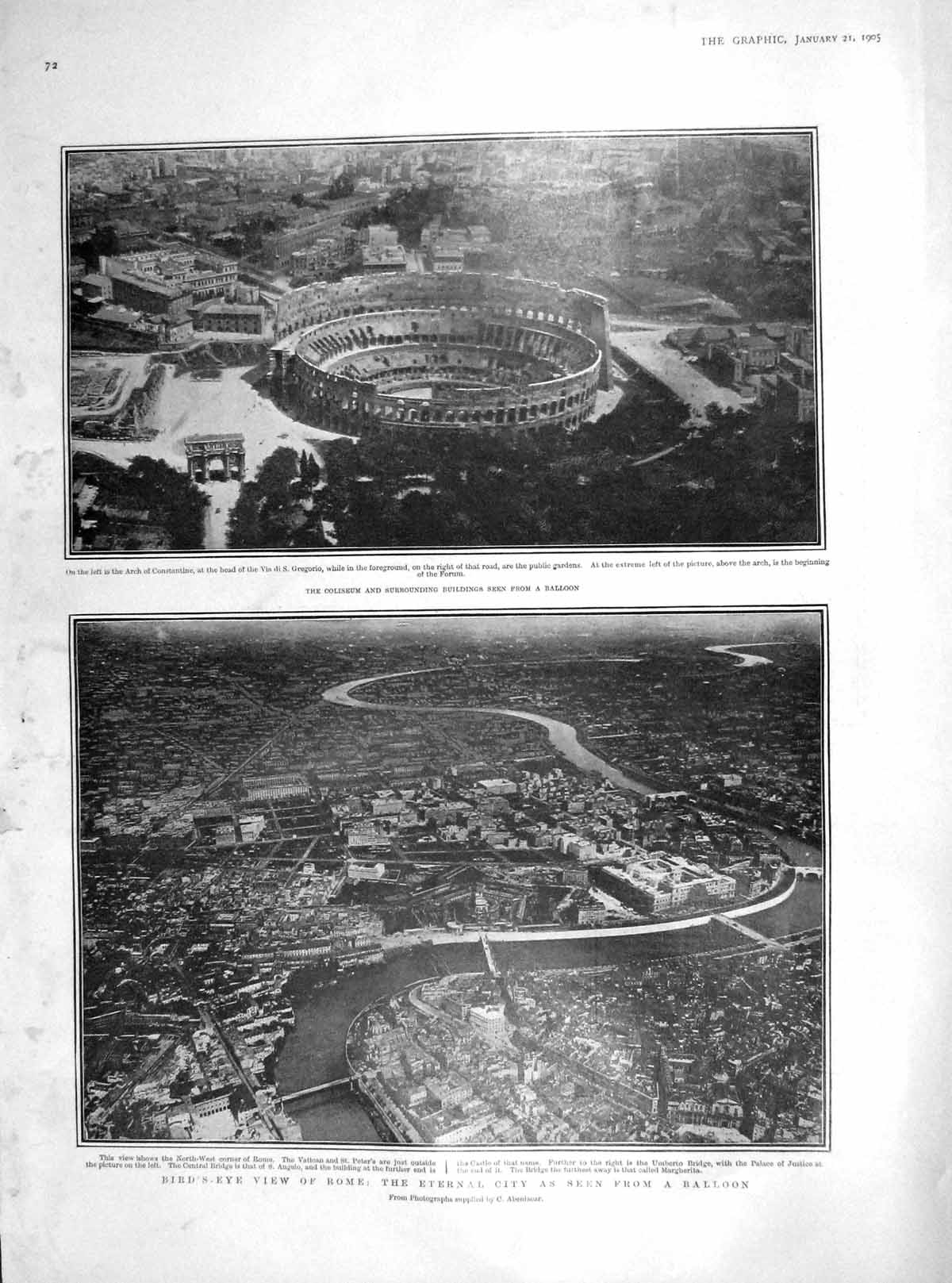 Old Antique Print 1905 View Rome Coliseum Arch Constantine Vatican Castle 20th