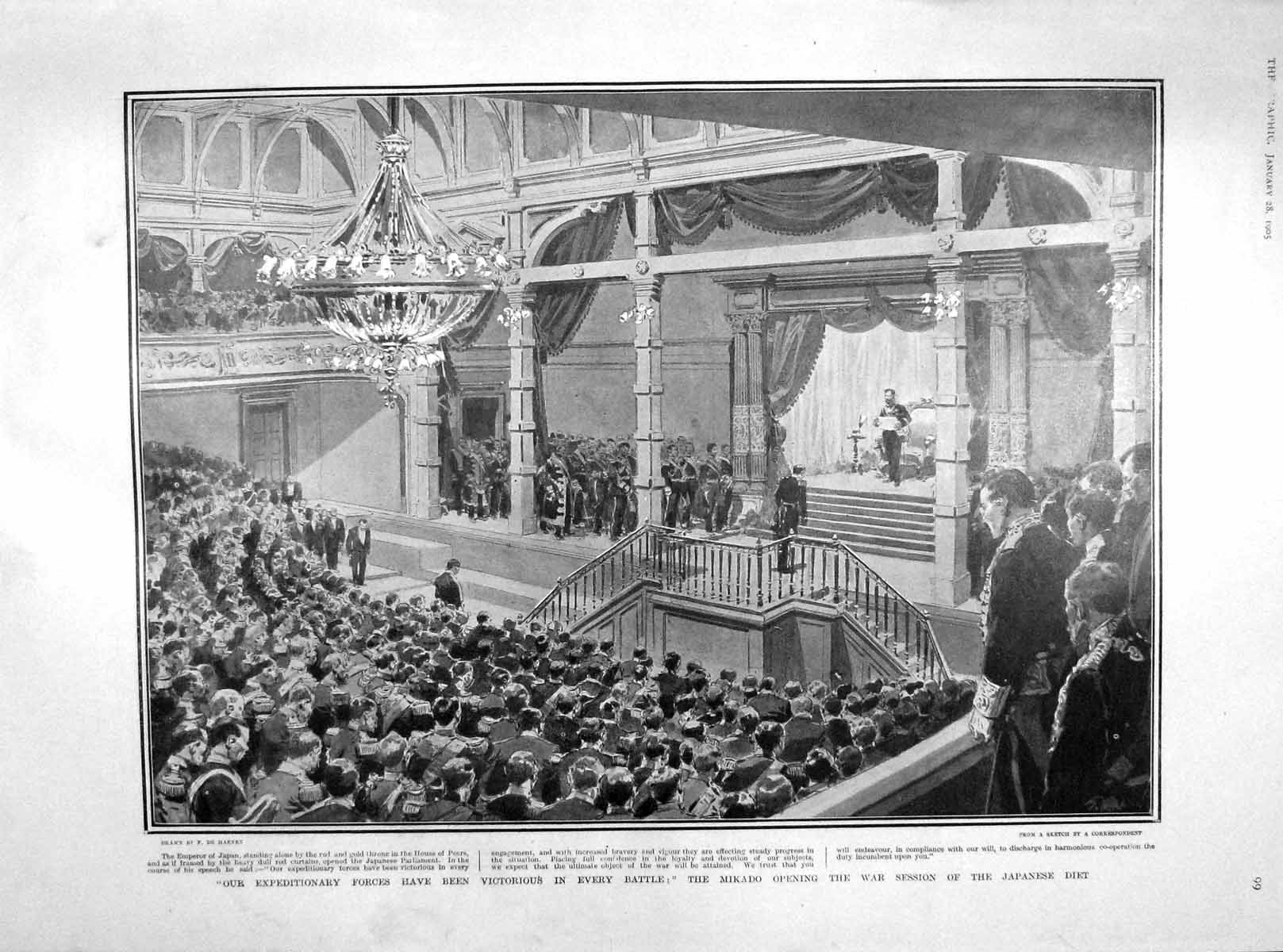 Old Antique Print 1905 Mikado War Japanese Peers Winter Palace Tsar Mars 20th