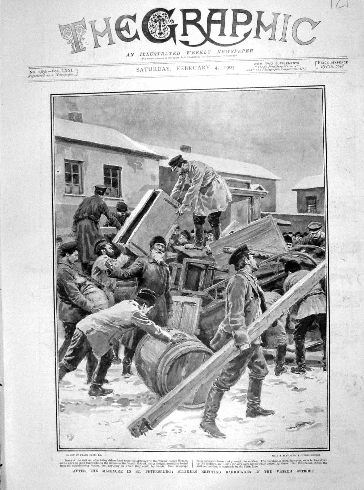 Original Old Antique Print 1905 Massacre Petersburg Strikers Barricades Ostroff