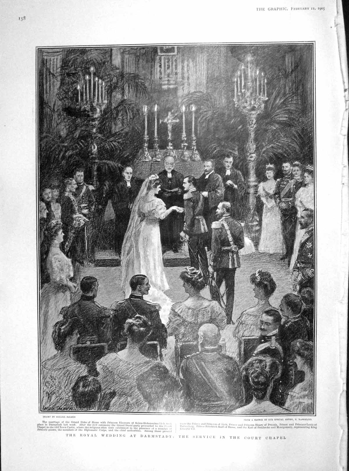 Original Old Antique Print 1905 Royal Wedding Darmstadt Court Chapel Eleonore