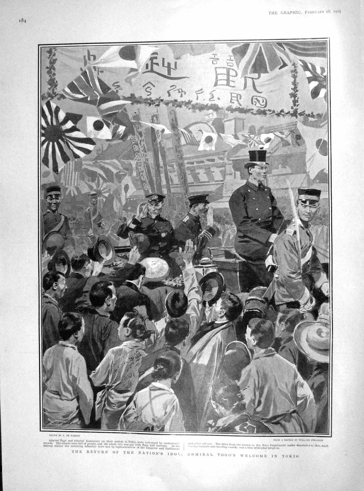 Old Antique Print 1905 Return Admiral Togo Tokio Japan Admiral Kamimura 20th