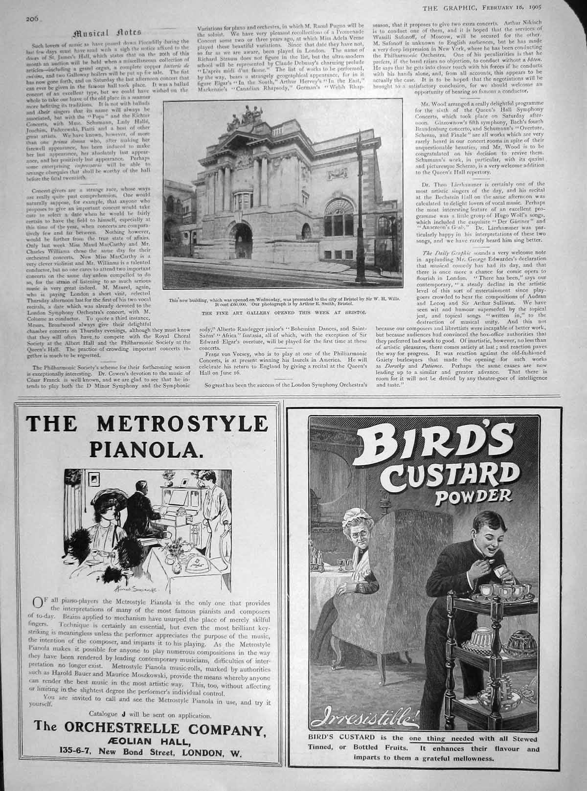 Original Old Antique Print 1905 Fine Art Gallery Building Bristol Birds Custard