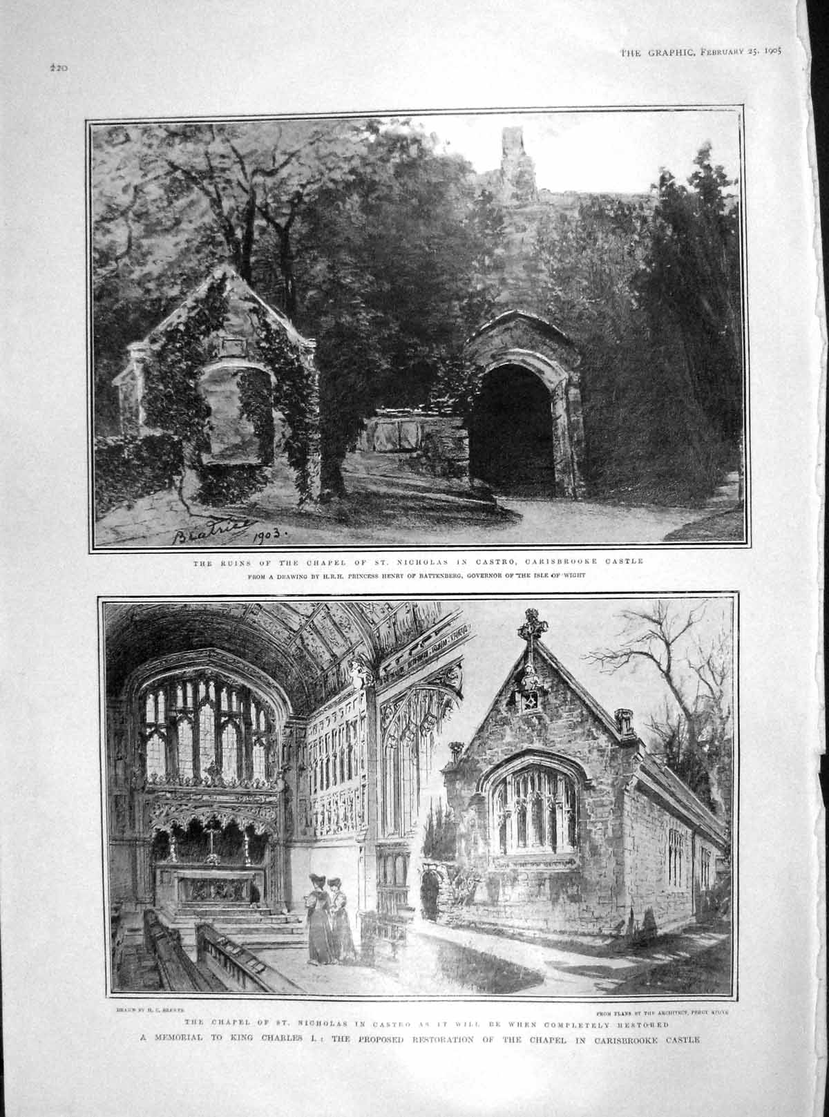 Original Old Antique Print 1905 King Charles Memorial Carisbrooke Castle Castro
