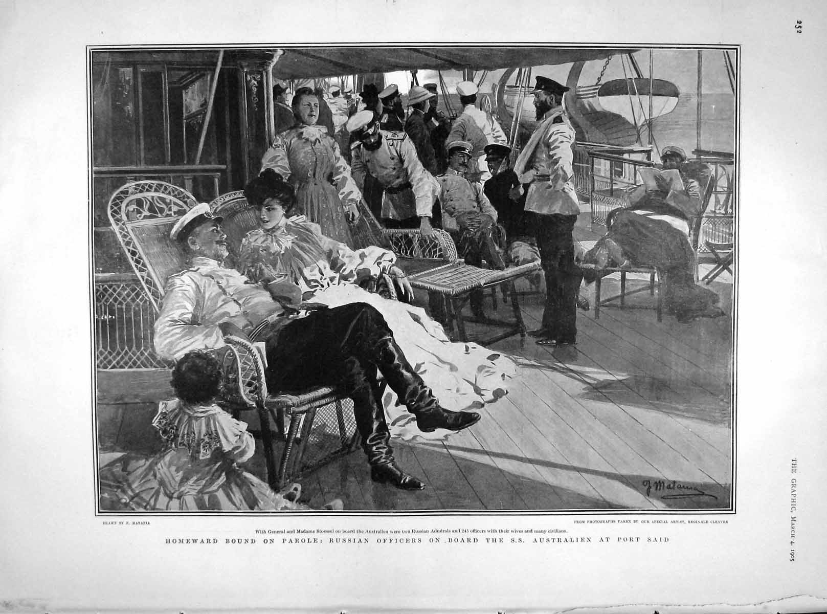 Original Old Antique Print 1905 Russian Officers Ship Australien Said Fournier