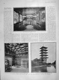 Original Old Antique Print 1905 King LeopJapanese Pagoda Laeken Pavilion Lake