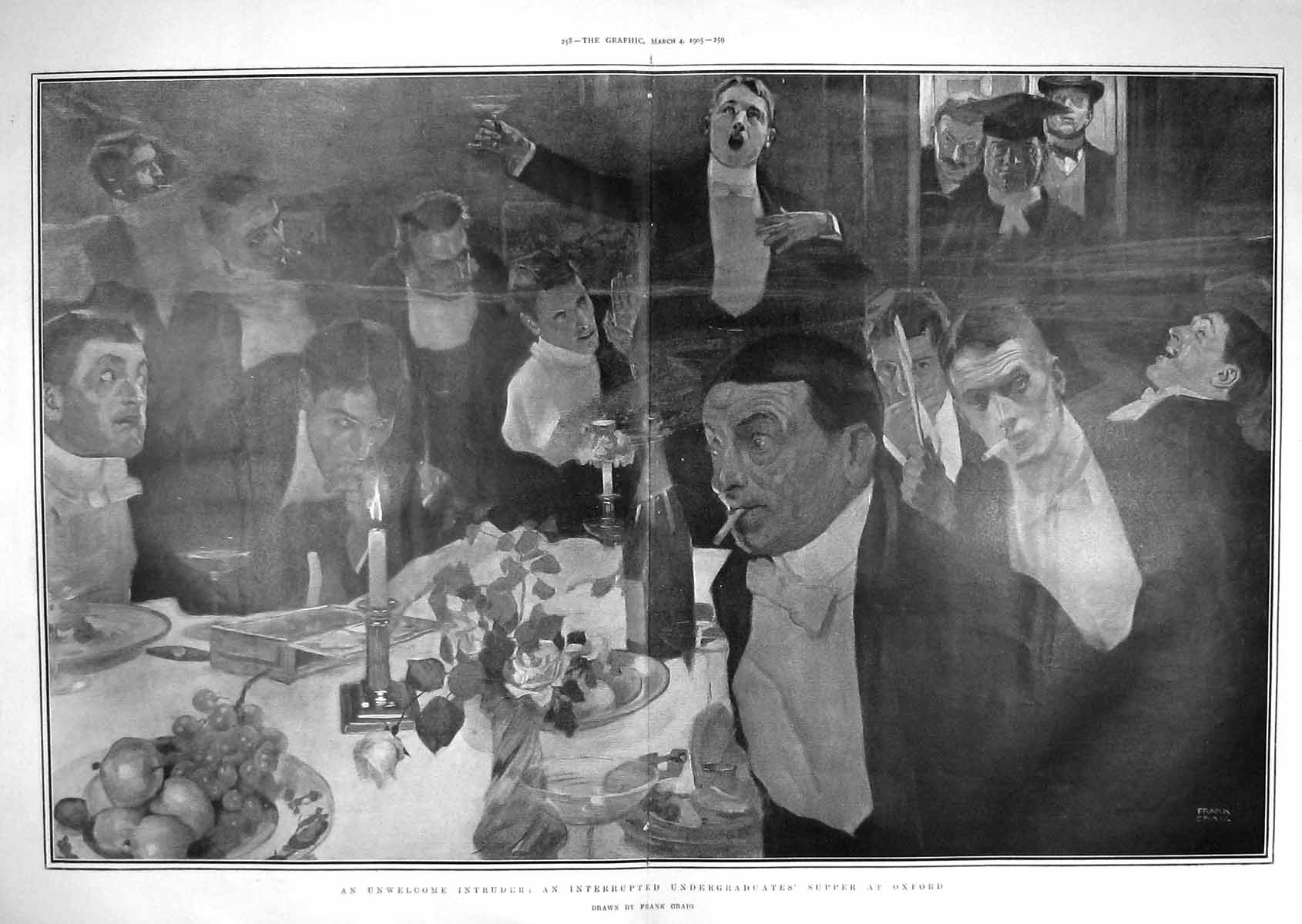 Old Antique Print 1905 Man Intruder Undergraduates Supper Oxford Craig 20th