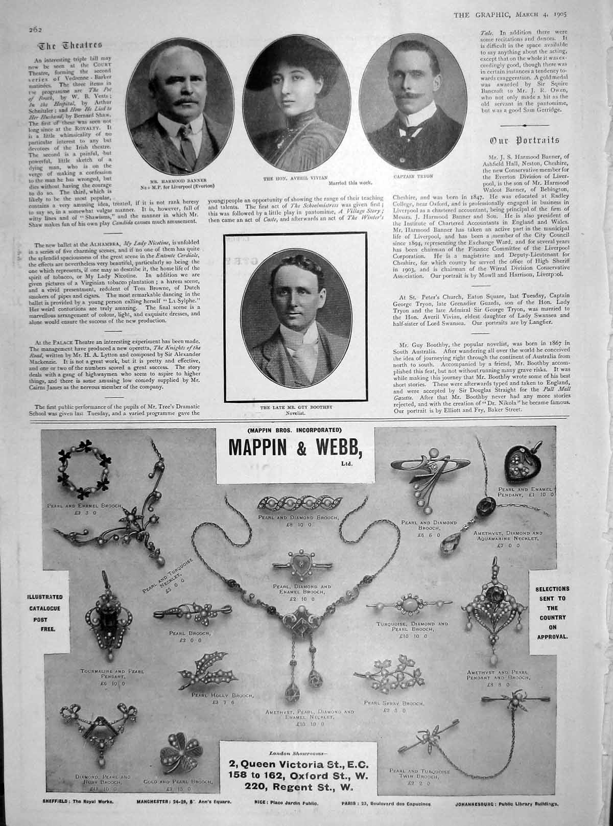 Old Antique Print 1905 Banner Averil Vivian Tryon Guy Boothby Mappin Webb 20th