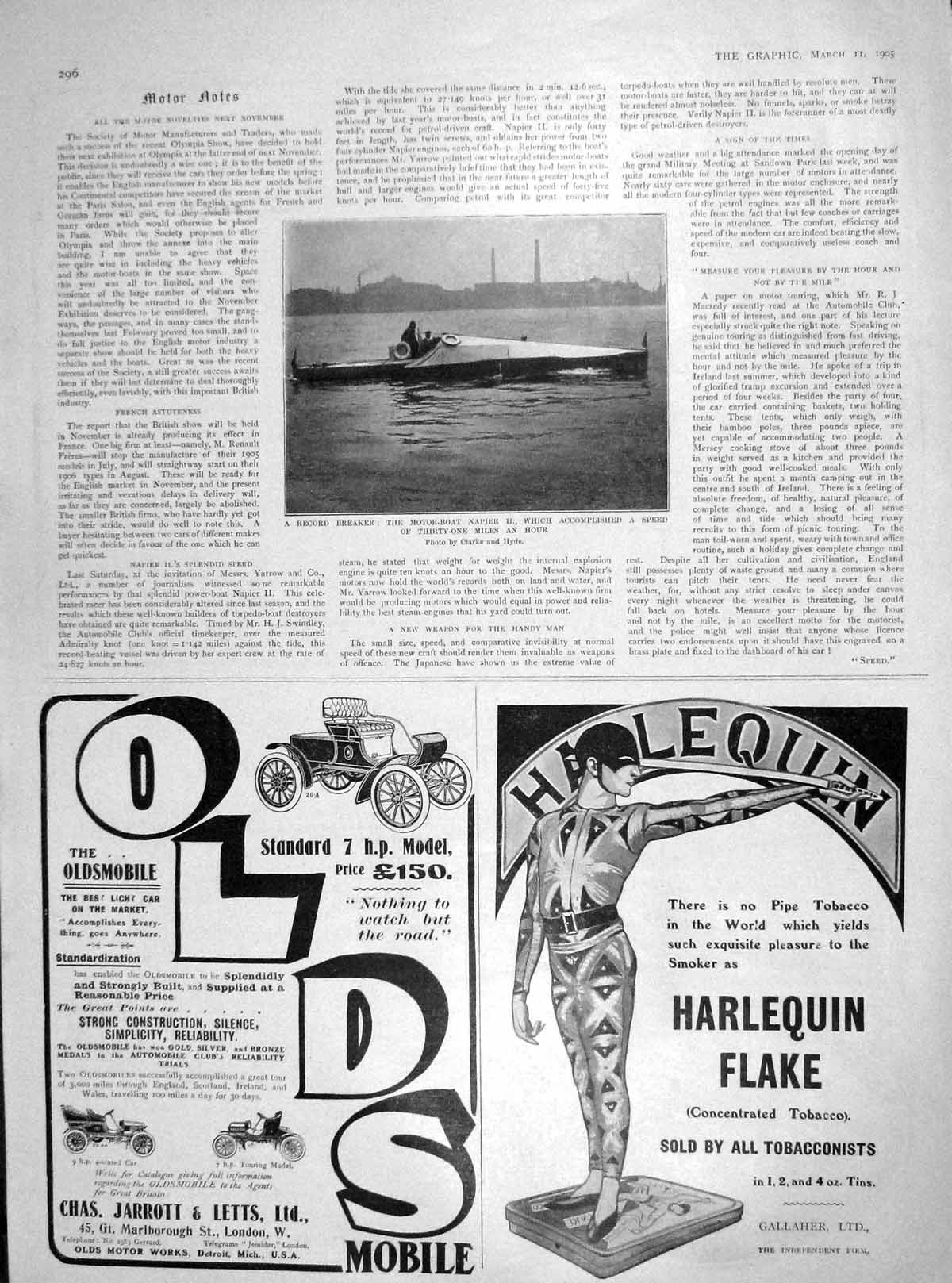 Original Old Antique Print 1905 Motor Boat Napier Record Breaker Sunlight Soap