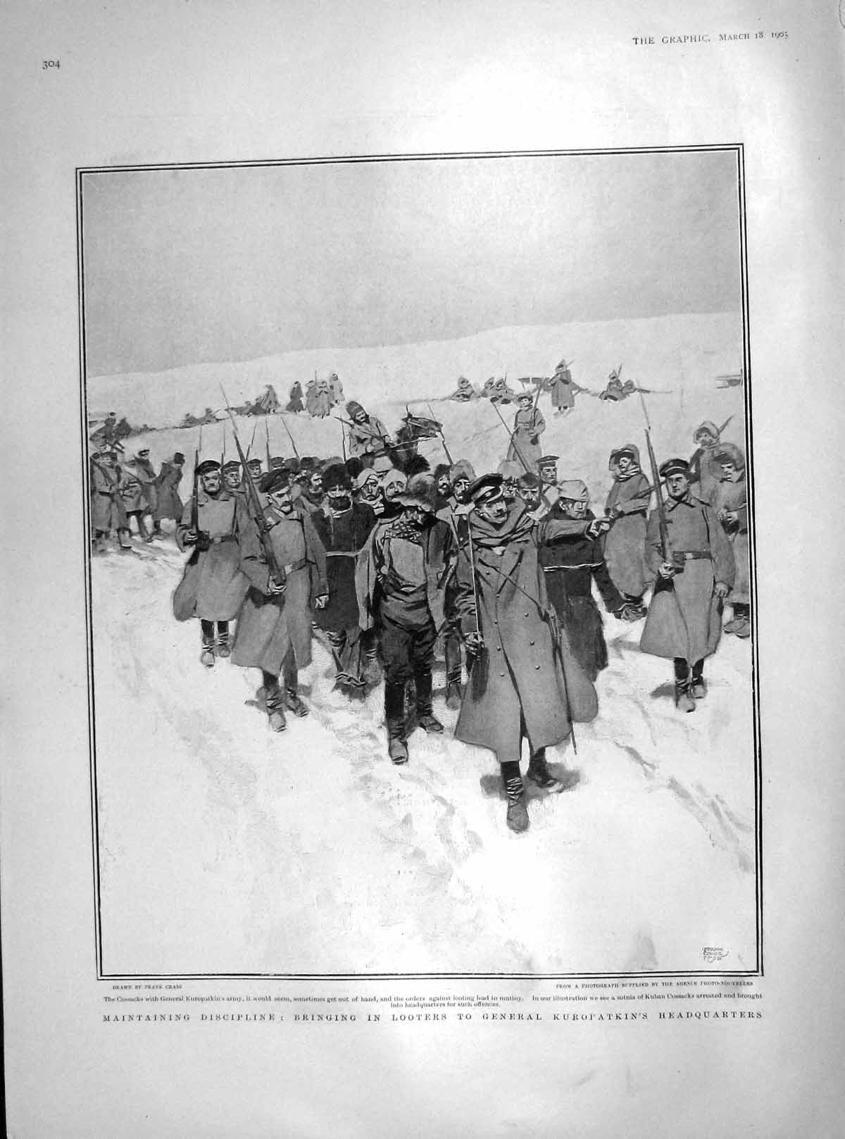 Original Old Antique Print 1905 General Kuropatkin Looters War Cossacks Army