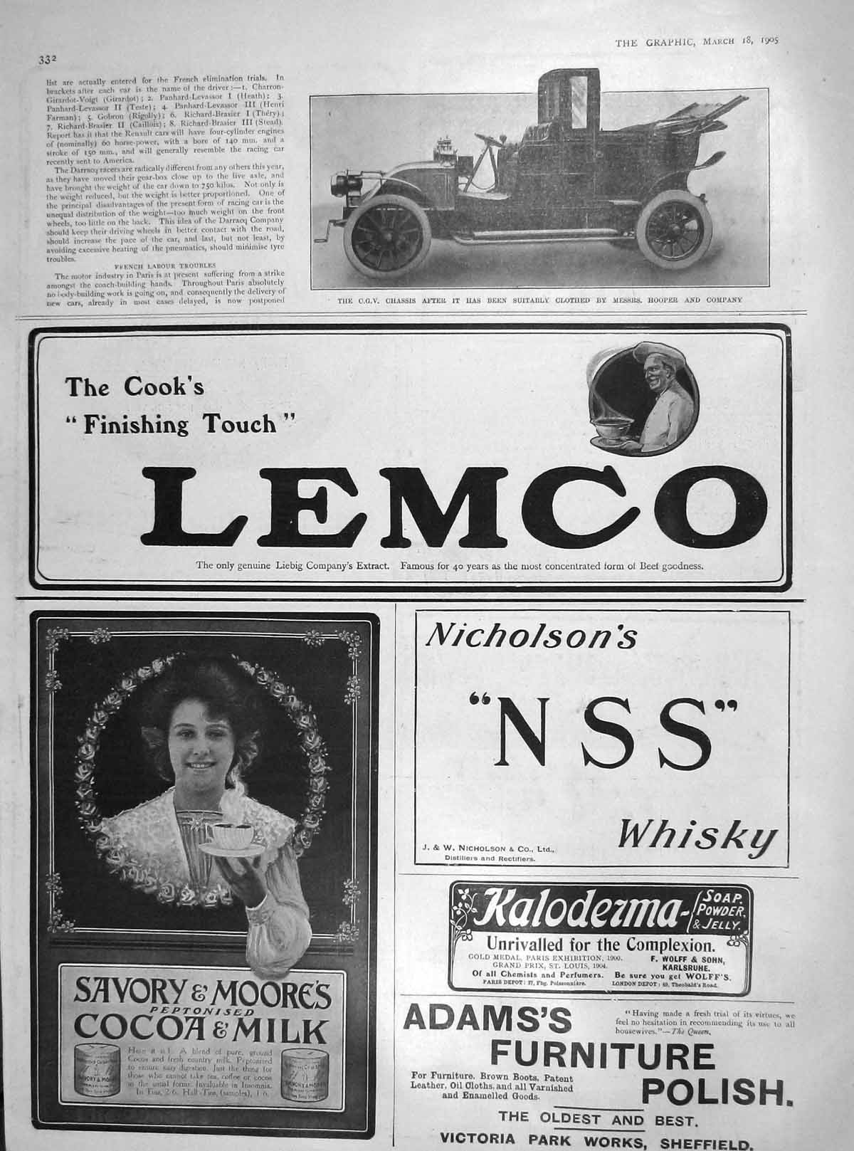 Old Antique Print 1905 C.G.V. Chassis Motor Car Hooper Lemco Whisky Milk 20th