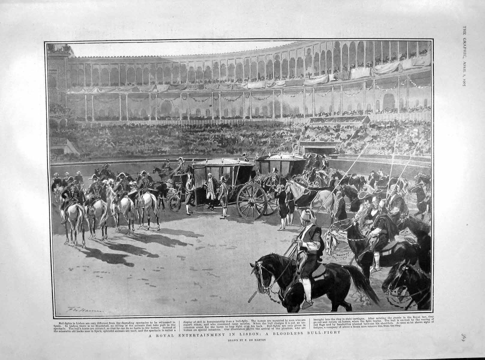 Old Antique Print 1905 Bloodless Bull-Fight Lisbon Verne Queen Alexandra 20th