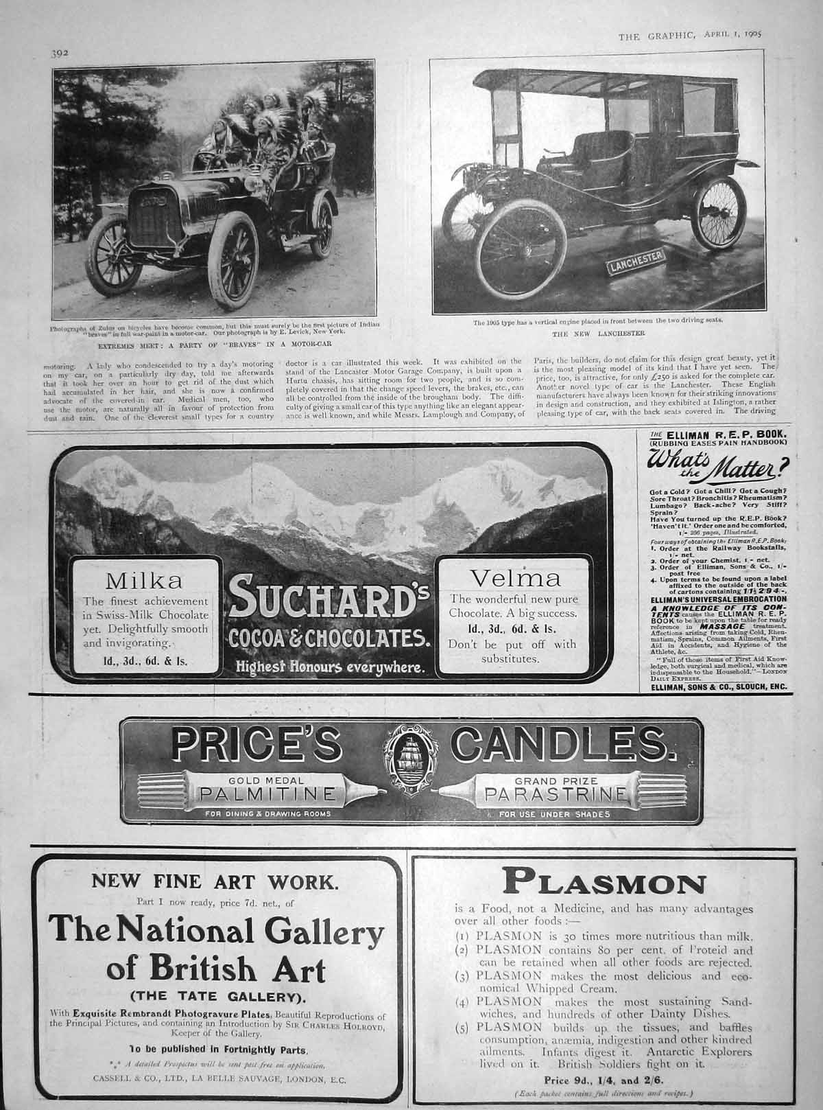 Old Antique Print 1905 Motor Car Indian Braves Lanchester Price Candles 20th