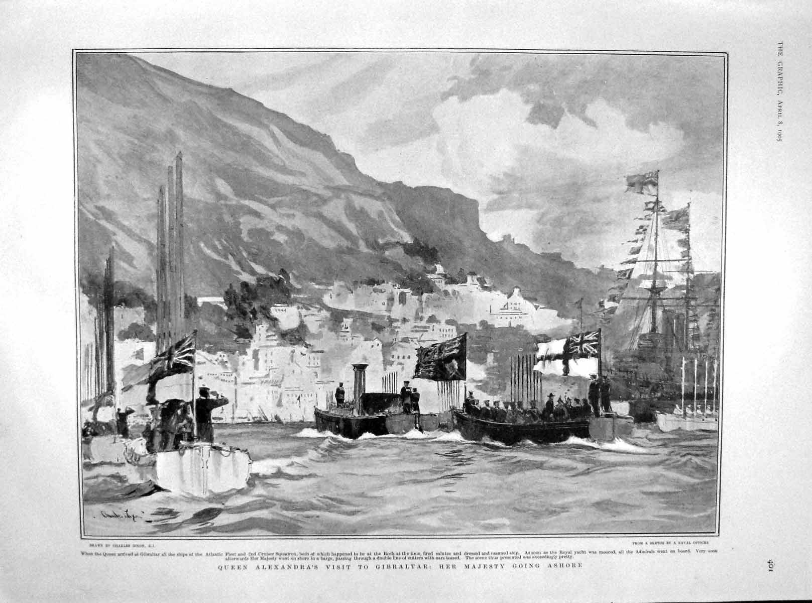 Original Old Antique Print 1905 Queen Alexandra Gibraltar Ships Simplon Tunnel