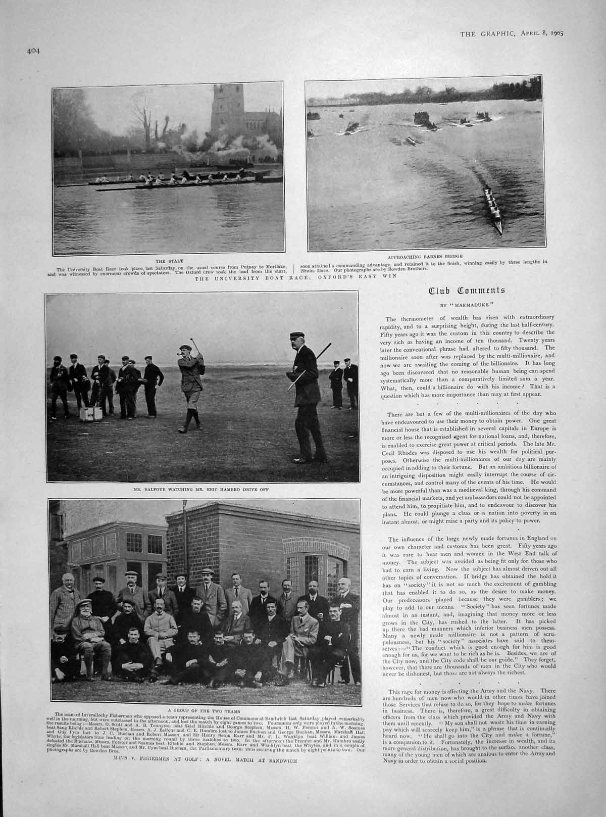 Original Old Antique Print 1905 University Boat Race Balfour Golf Sandwich Kano