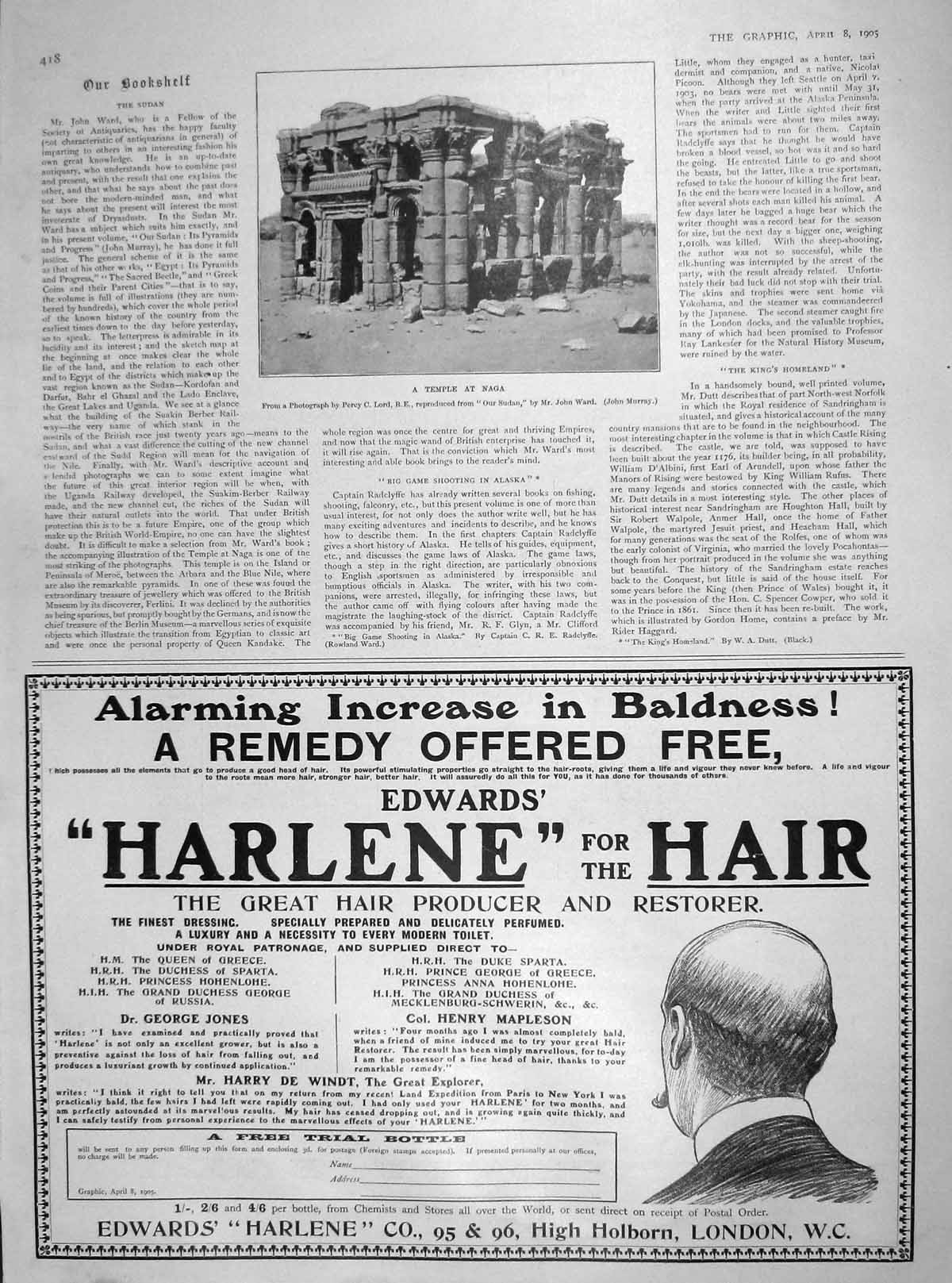 Original Old Antique Print 1905 Temple Naga Archaeology Harlene Hair Restorer