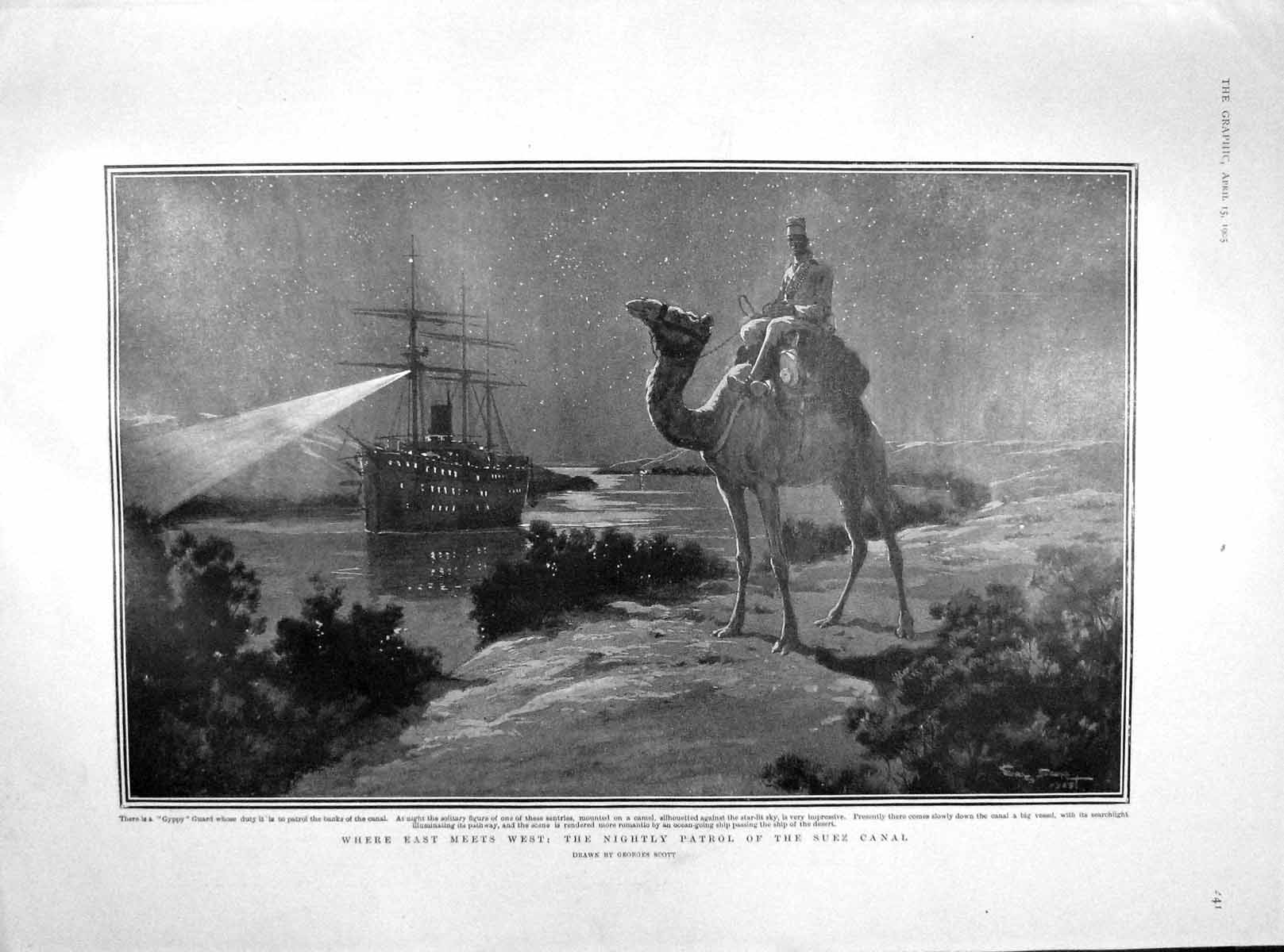 Original Old Antique Print 1905 Camel Patrol Suez Canal Gyppy Guard Boat Monaco